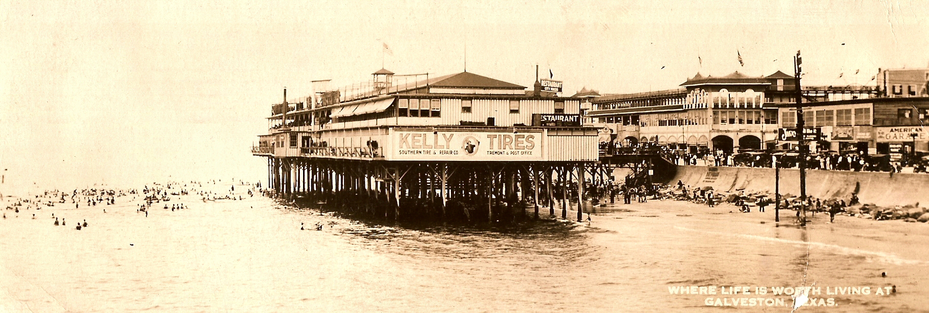 Bath House near 23rd and Seawall. Galveston Island, Texas, USA, 1910s. Postcard view. Captioned "WHERE LIFE IS WORTH LIVING AT GALVESTON, TEXAS".