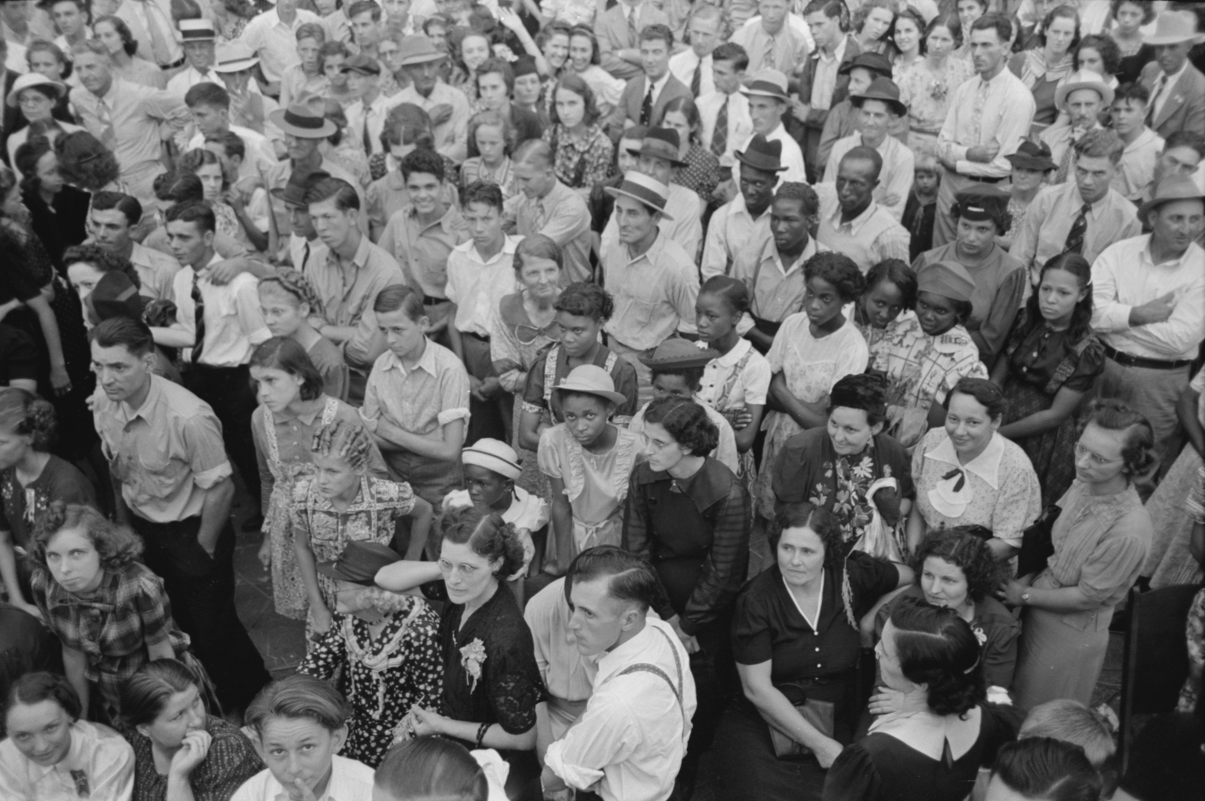 Crowd listening to Cajun band, National Rice Festival, Crowley Louisiana, 1938