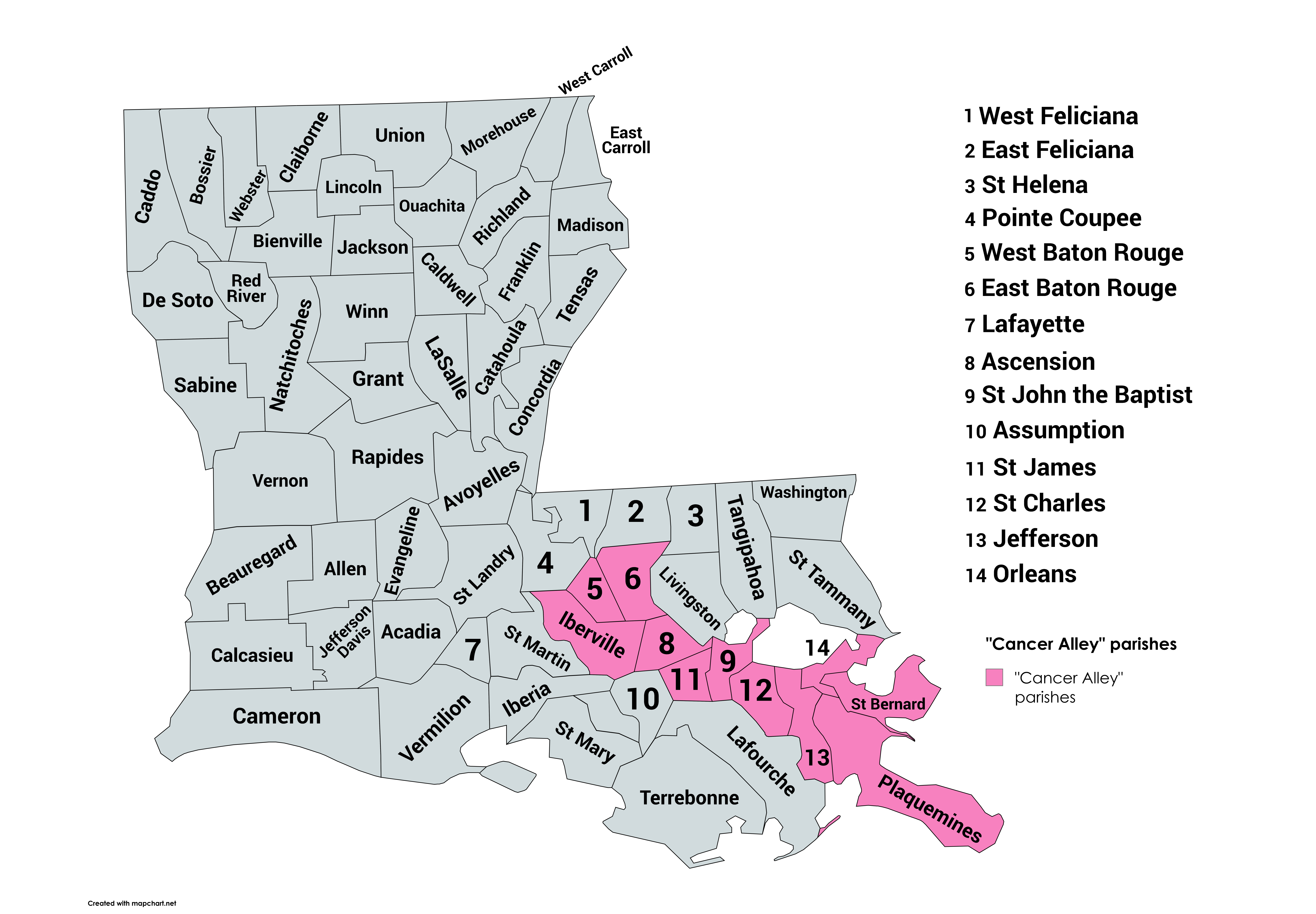 Louisiana parishes that comprise "Cancer Alley"