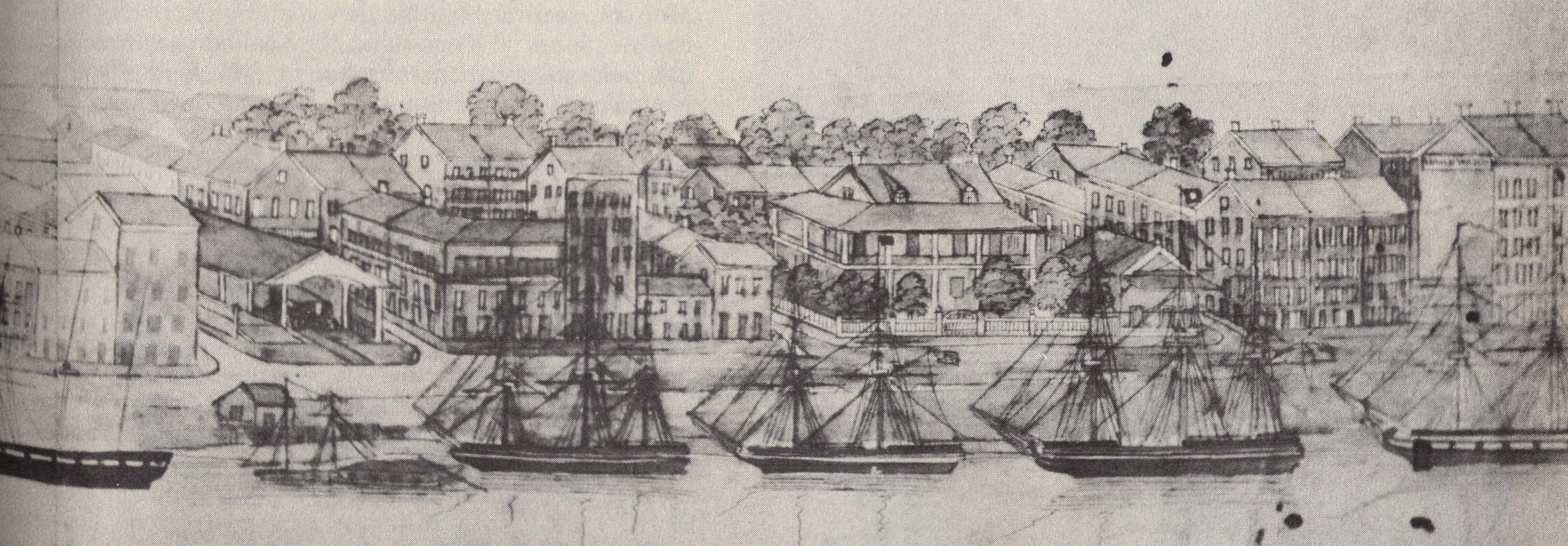 New Orleans, 1836. View along the Mississippi River front in the Faubourg Marigny section. Sailing ships along the riverfront. At left is the station for the Pontchartrain Rail-Road at the foot of Elysian Fields Avenue.