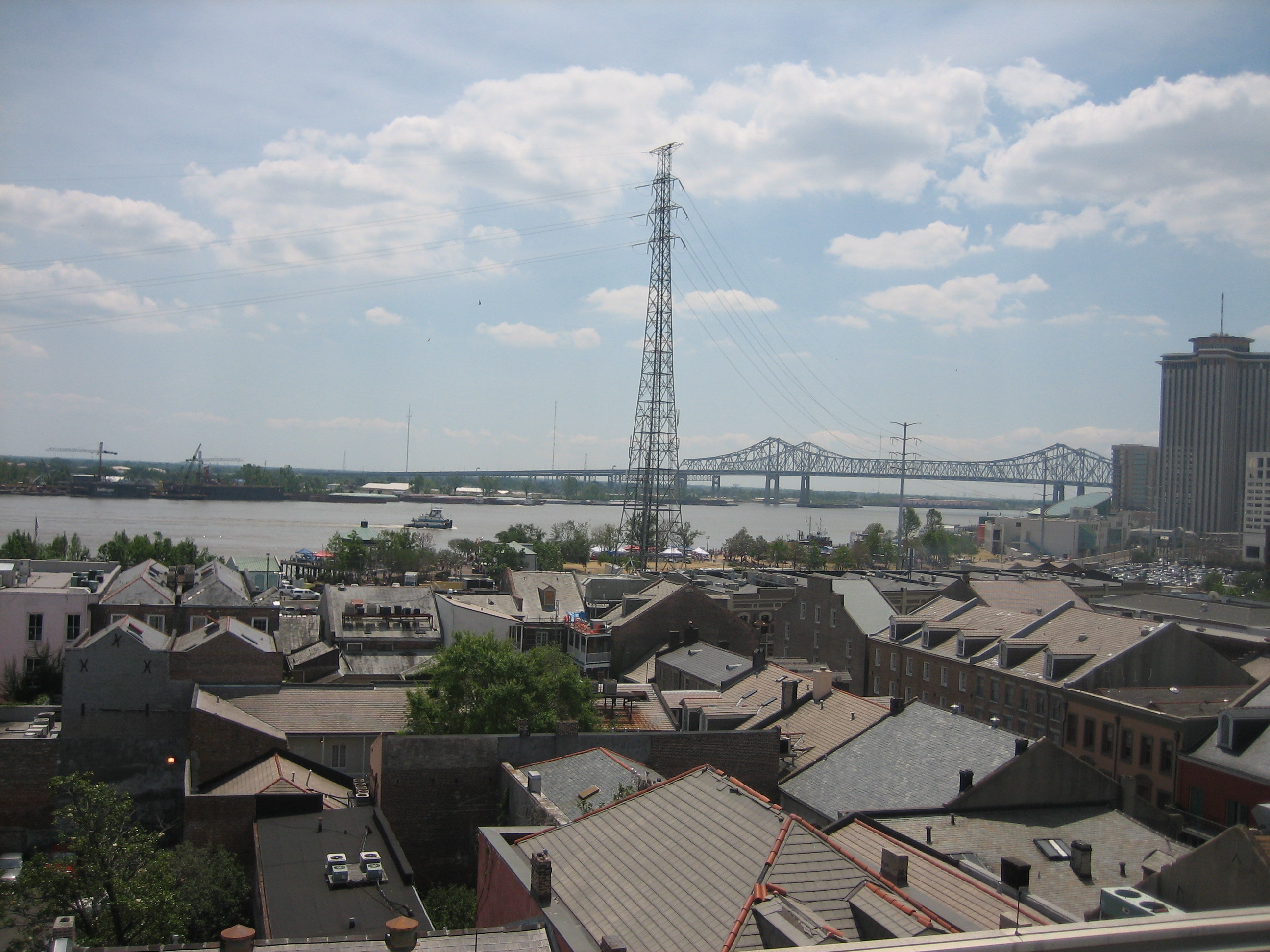New Orleans French Quarter. View from roof of Hotel on St. Louis Street
Crescent City Connection bridge across the Mississippi River visible
