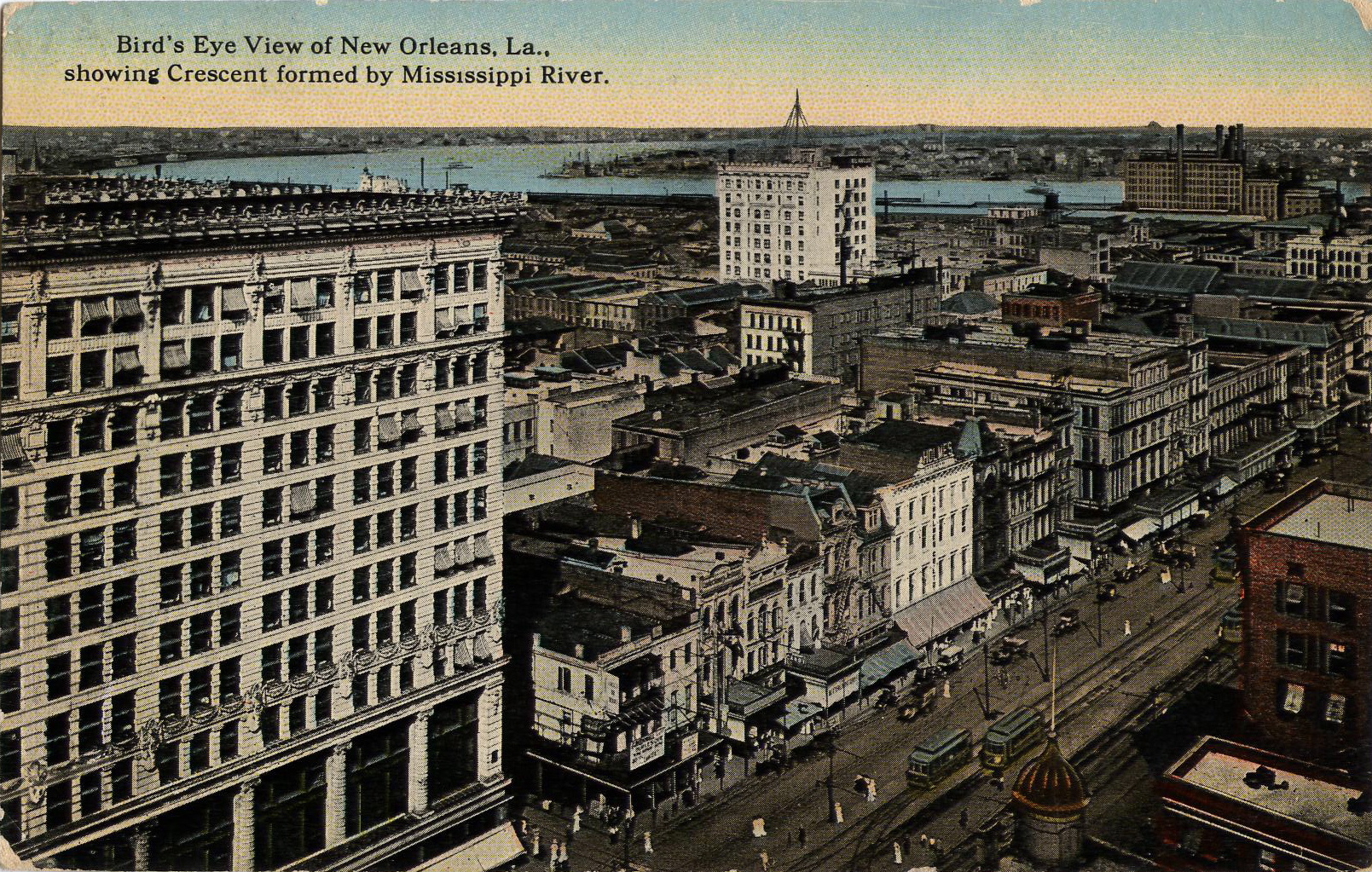 Bird's Eye View of New Orleans, Louisiana, showing the Crescent formed by the Mississippi River.


View probably taken from atop or from a high story of the Grunewald building. View looks riverwards and slightly down river. Visible are a section of Canal Street with streetcars on the neutral ground, buildings fronting Canal on the downriver side of the 800 and 700 block, a portion of the 2nd Maison Blanche Building at left, the upper French Quarter with the high-rise Monteleone Hotel, and the Mississippi River curving around Algiers Point in the background.