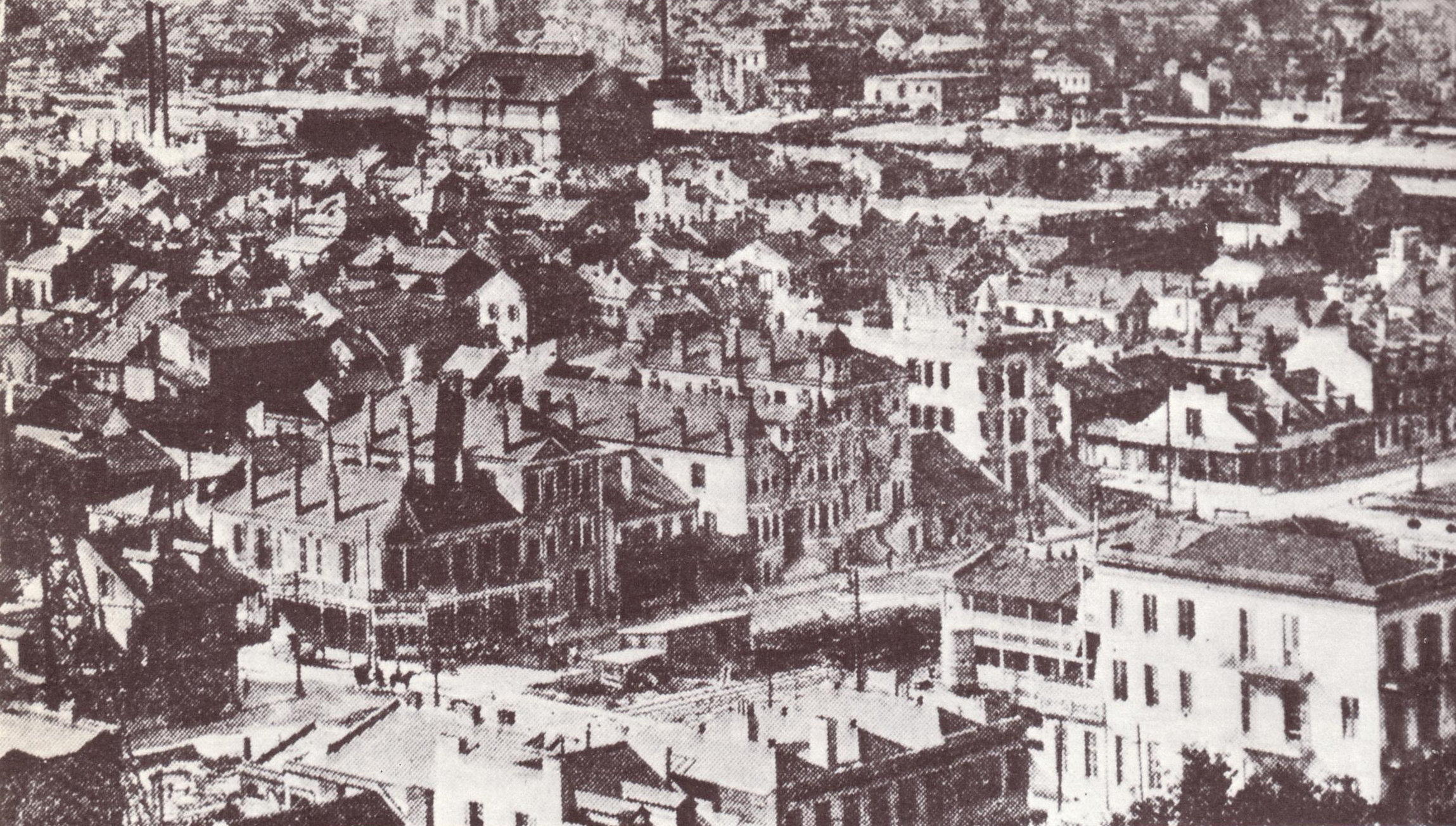 New Orleans: View of "Storyville" Red light district at the start of the 20th century. Basin Street is the first street seen. Called an "Aerial view", but probably actually taken from roof of the Grunewald Hotel.