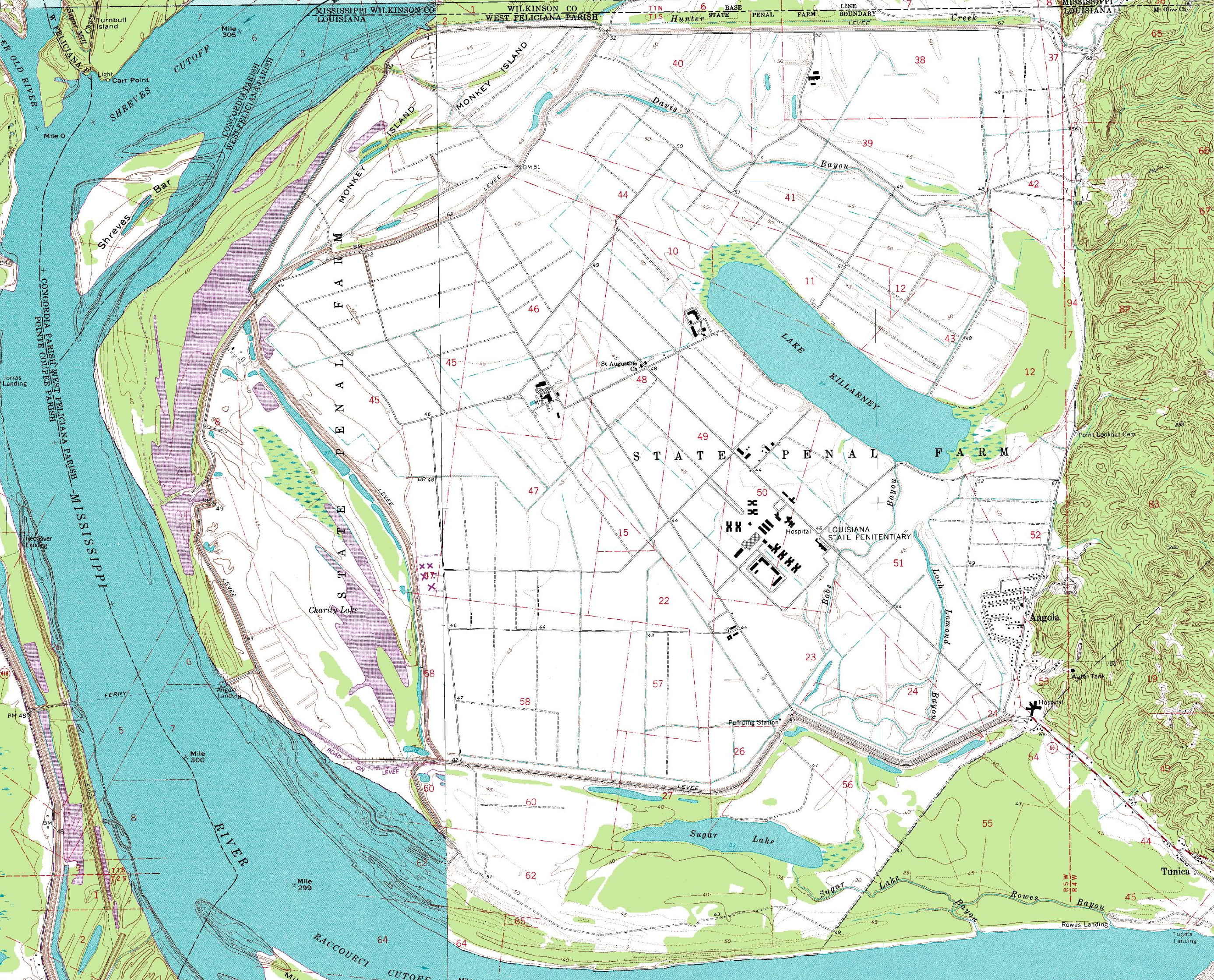 USGS topographic map of Louisiana State Penitentiary in West Feliciana Parish, Louisiana.