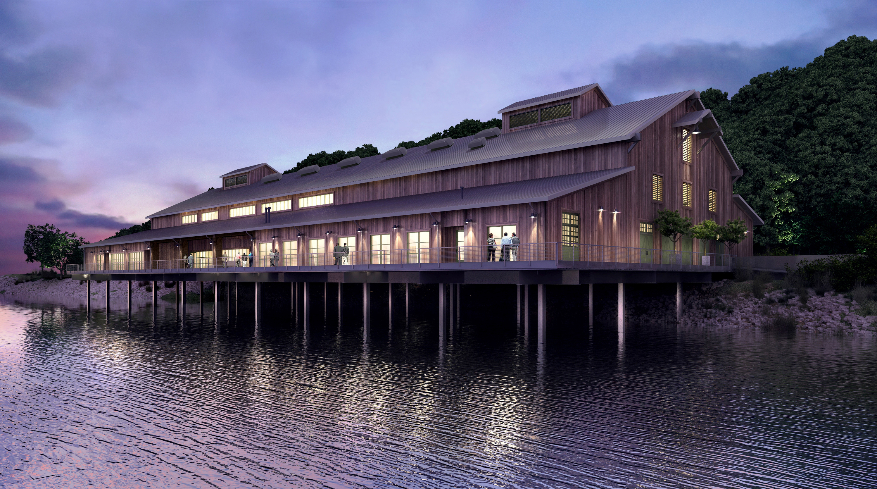 River View of the Facility at dusk illustrating the pedestrian walkway around the entire perimeter.