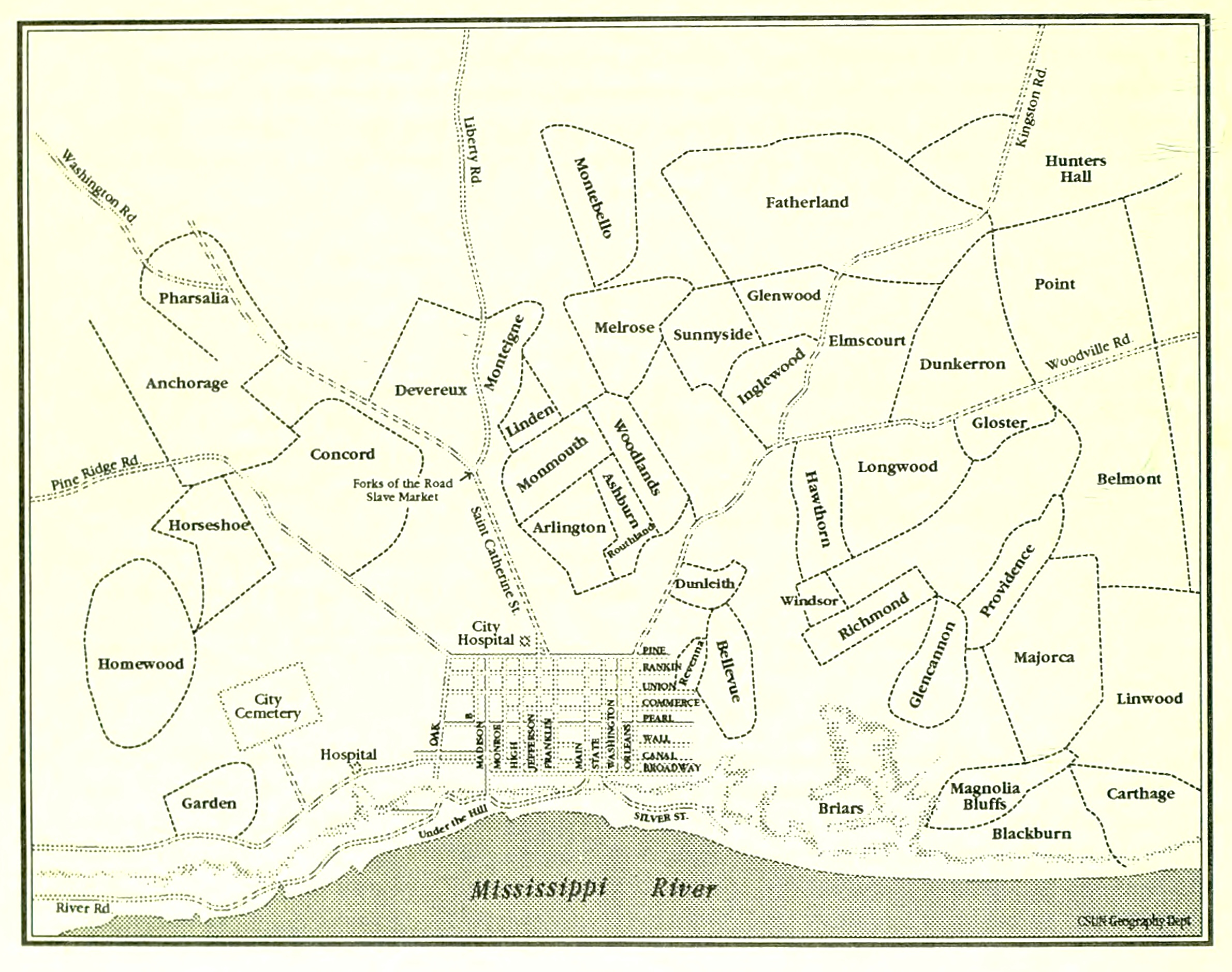 Ronald L. F. Davis 1993 - Illustration F Suburban Estates — c1830 to 1860 from The Black Experience in Natchez: 1720-1880, Special History Study
Pharsalia, Anchorage, Horseshoe, Homewood, Garden, Concord, Deveraux, Monteigne, Linden, Monmouth, Arlington, Montebello, Melrose, Woodlands, Ashburn, Routhland, Dunleith, Bellevue, Revenna, Fatherland, Hunters Hall, Sunnyside, Glenwood, Inglewood, Elmscourt, Dunkerron, Point, Hawthorn, Longwood, Gloster, Belmont, Windsor, Richmond, Glencannon, Providence, Majorca, Linwood, Magnolia Bluffs, Briars, Blackburn, Carthage, Natchez-Under-the-Hill