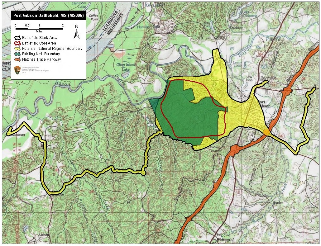 Map of battlefield core and study areas.
The ABPP expanded the Study Area to include the route of Federal advance from their landing at Bruinsburg and the Confederate retreat routes across Bayou Pierre where Federal pursuit ended. The Bruinsburg route is included for its significance as the opening movement of the campaign on the Mississippi side of the river, and because additional Federal troops arrived by this route throughout the day. The Study Area was also enlarged to include the historic boundaries of the Buck Creek and Bayou Pierre waterways – obstacles that dictated troop movements during the battle.

The ABPP expanded the Core Area in the north to include the Confederate lines and sweeping Federal assault and in the south to include the location of fighting around Magnolia Church.