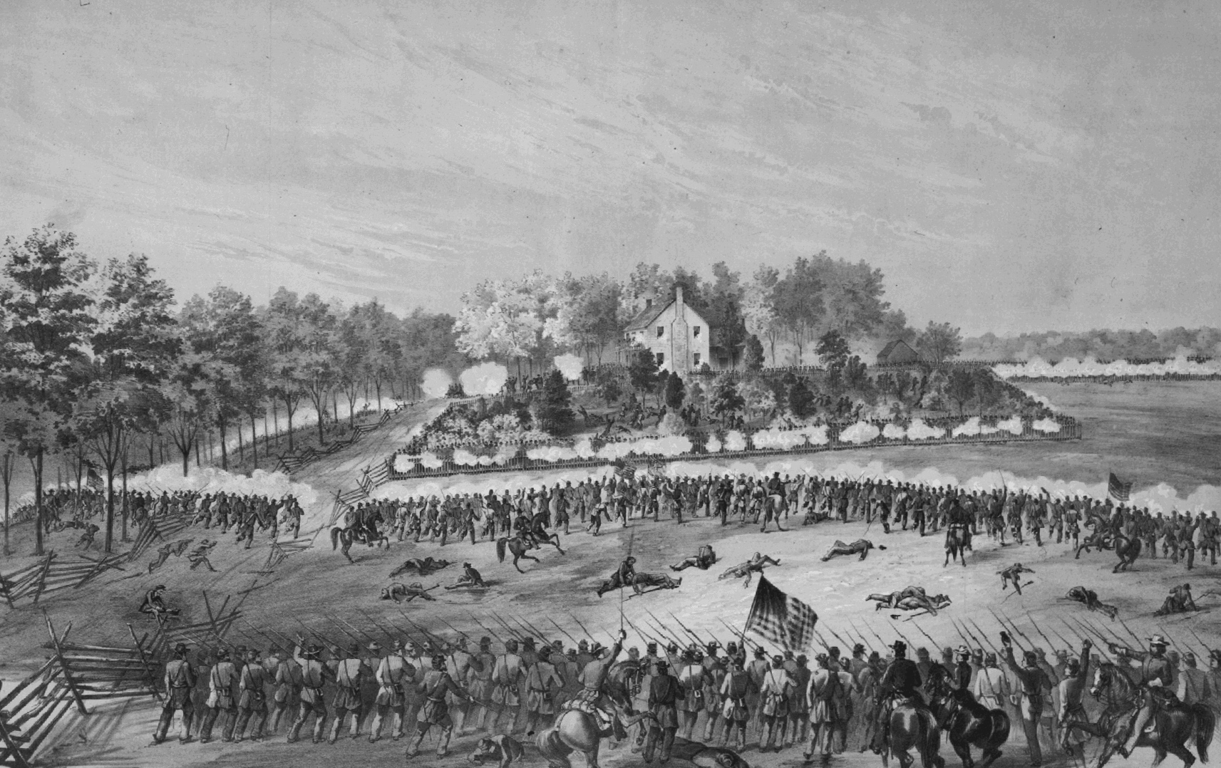 The Battle of Jackson, fought on 14 May 1863, in Jackson, Mississippi, was part of the Vicksburg Campaign in the American Civil War. 
en:Battle of Jackson (MS)
TITLE:  Battle of Jackson, Mississippi--Gallant charge of the 17th Iowa, 80th Ohio and 10th Missouri, supported by the first and third brigades of the seventh division / sketched by A.E. Mathews, 31st Reg., O.V.I.
CALL NUMBER:  PGA - Middleton, Strobridge &amp; Co.--Battle of Jackson, Mississippi (D size) [P&amp;P]
REPRODUCTION NUMBER:  LC-USZC4-1728 (color film copy transparency)
LC-USZ62-13205 (b&amp;w film copy neg.)
LC-USZCN4-298 (color film copy neg.)
MEDIUM:  1 print : lithograph.
CREATED/PUBLISHED:  Middleton, Strobridge &amp; Co. Lith. Cin. O., c1863.
CREATOR: Middleton, Strobridge &amp; Co.
NOTES: 24058 U.S. Copyright Office. 
SUBJECTS: Jackson, Battle of, Jackson, Miss., 1863.
Campaigns &amp; battles--Mississippi--Jackson--1860-1870.
FORMAT: Lithographs 1860-1870.
REPOSITORY:  Library of Congress Prints and Photographs Division Washington, D.C. 20540 USA 
DIGITAL ID:  (color film copy transparency) cph 3g01728 http://hdl.loc.gov/loc.pnp/cph.3g01728 

(b&amp;w film copy neg.) cph 3a15499 http://hdl.loc.gov/loc.pnp/cph.3a15499