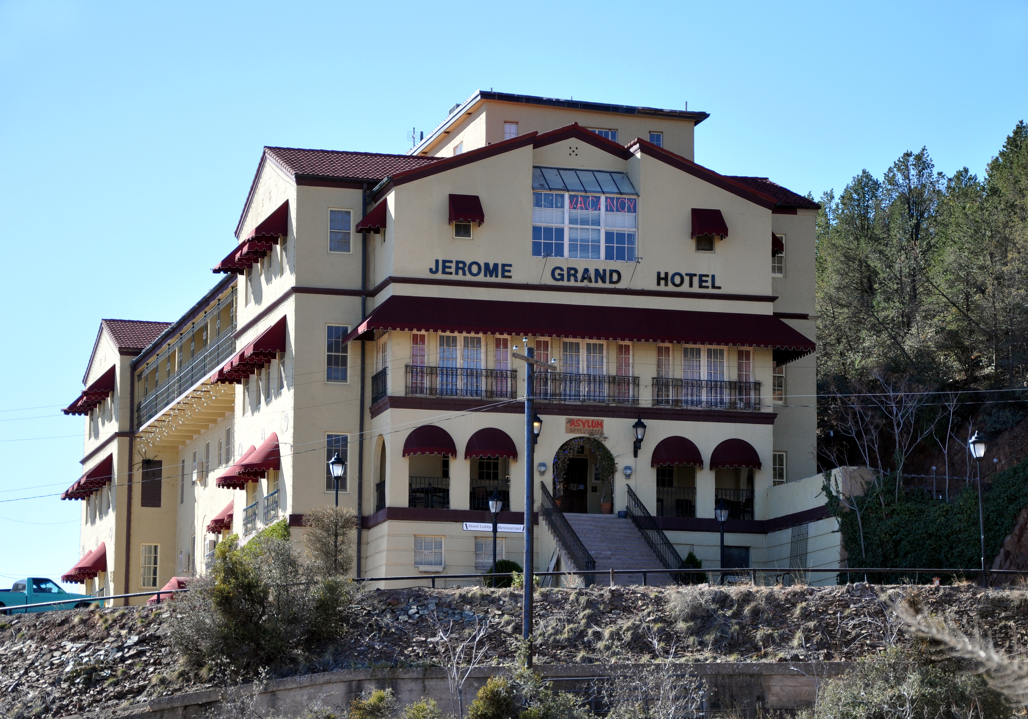 Jerome Grand Hotel — in Jerome,  Yavapai County, Arizona. 
Originally it opened as a hospital in 1927, built by the United Verde Copper Company.
It is part of the Jerome Historic District, a National Historic Landmark.