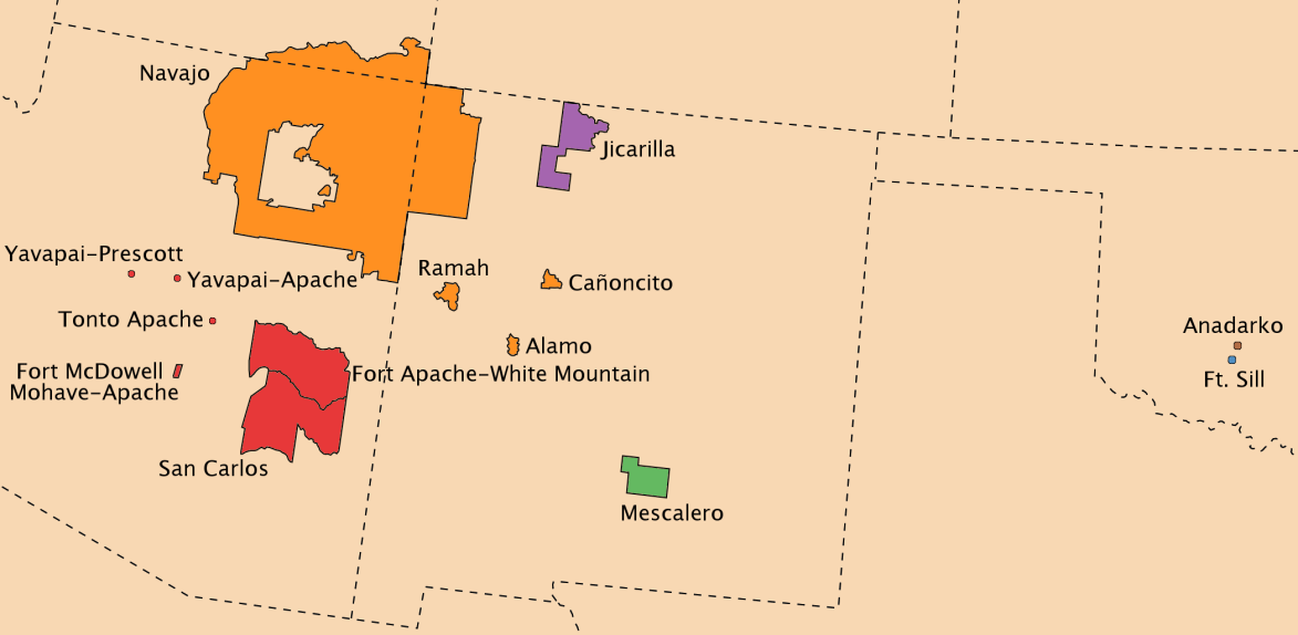 The present-day primary locations of Apachean peoples (including reservations and cities)

Note that here Navajo is included as Apachean.
Other Apachean peoples are dispersed throughout the continent. In particular, there are Lipan in Texas and a large number of Navajos in New York City.
Color indicates association:
 * Red map regions - Western Apache (Apacheeg ar c'hornôg) Tonto, Coyotero
 * Orange map regions - Navajo
 * Blue map regions - Chiricahua, Ndendahe, Mimbreño
 * Green map regions - Mescalero
 * Purple map regions - Jicarilla
 * Yellow map regions - Lipan (Lipek)

  * Brown map regions - Plains Apache (Kataka c.d. "Kiowa Apache", Apacheeg ar c'hompezennoù)