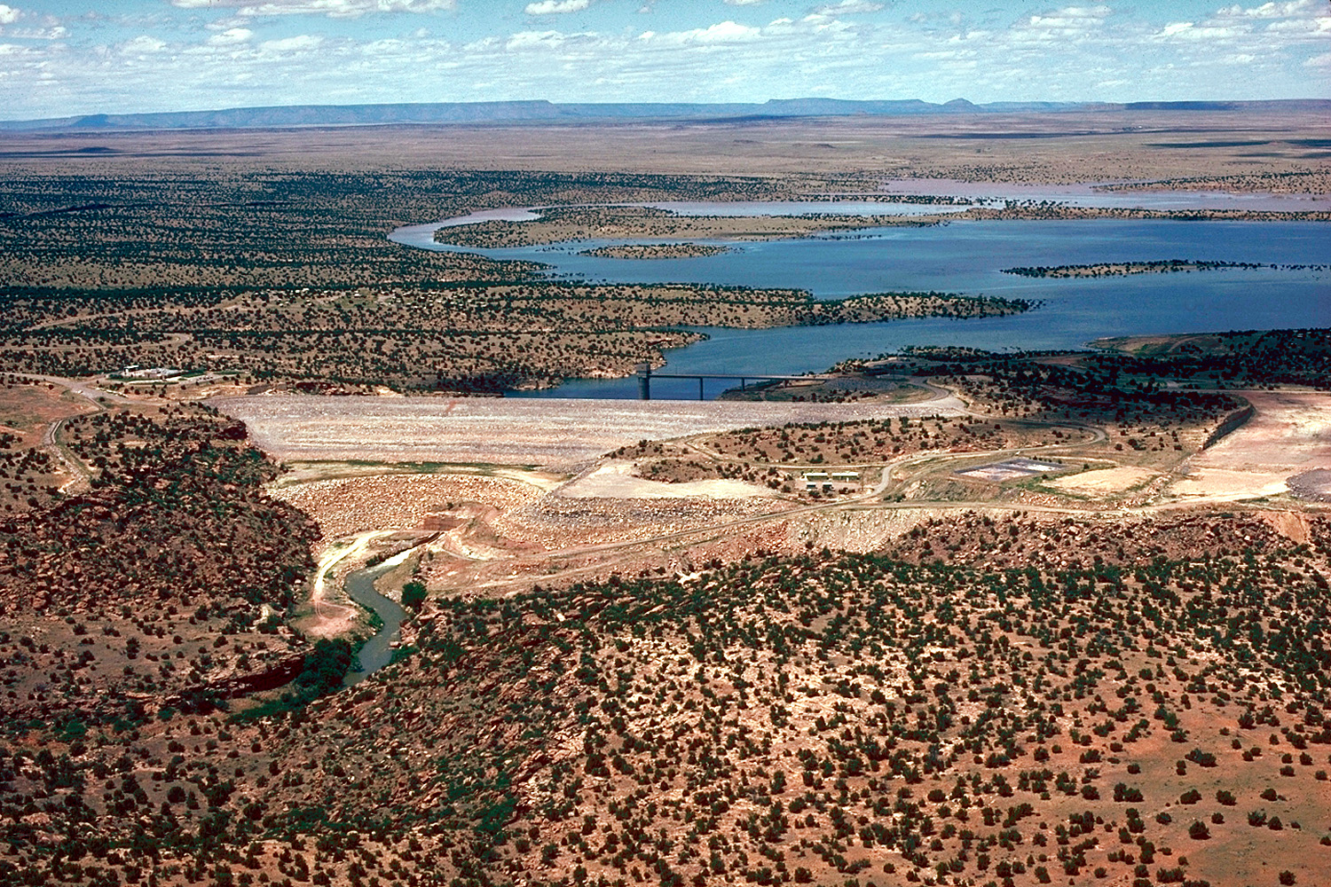 Santa Rosa Dam and Santa Rosa Lake (reservoir) on the Pecos River — in Guadalupe County, New Mexico, USA.
View is upriver to the north.
The dam is located approximately 7 miles (11.2 km) north of the city of Santa Rosa, New Mexico.
The U.S. Army Corps of Engineers constructed the dam for flood control and recreation on the Pecos River.