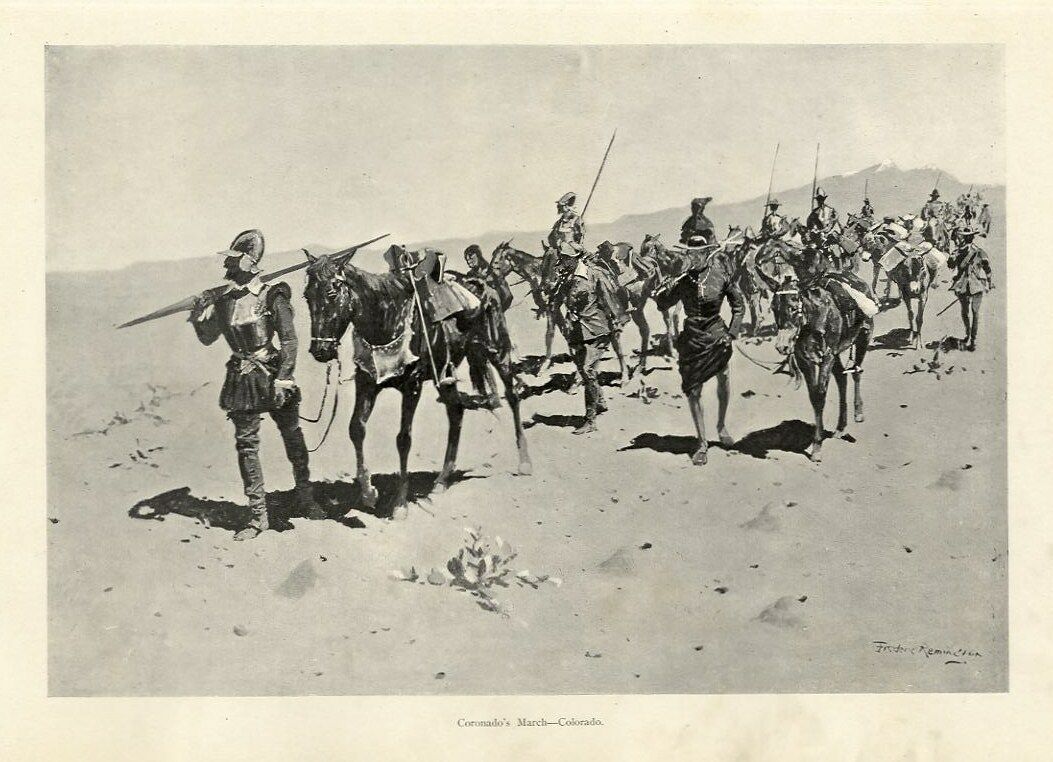 Coronado's march - Colorado, by Frederic Remington published in Drawings of 1898. Spanish Francisco Vázquez de Coronado Expedition (1540 - 1542), passing through Colonial New Mexico, to the Great Plains.