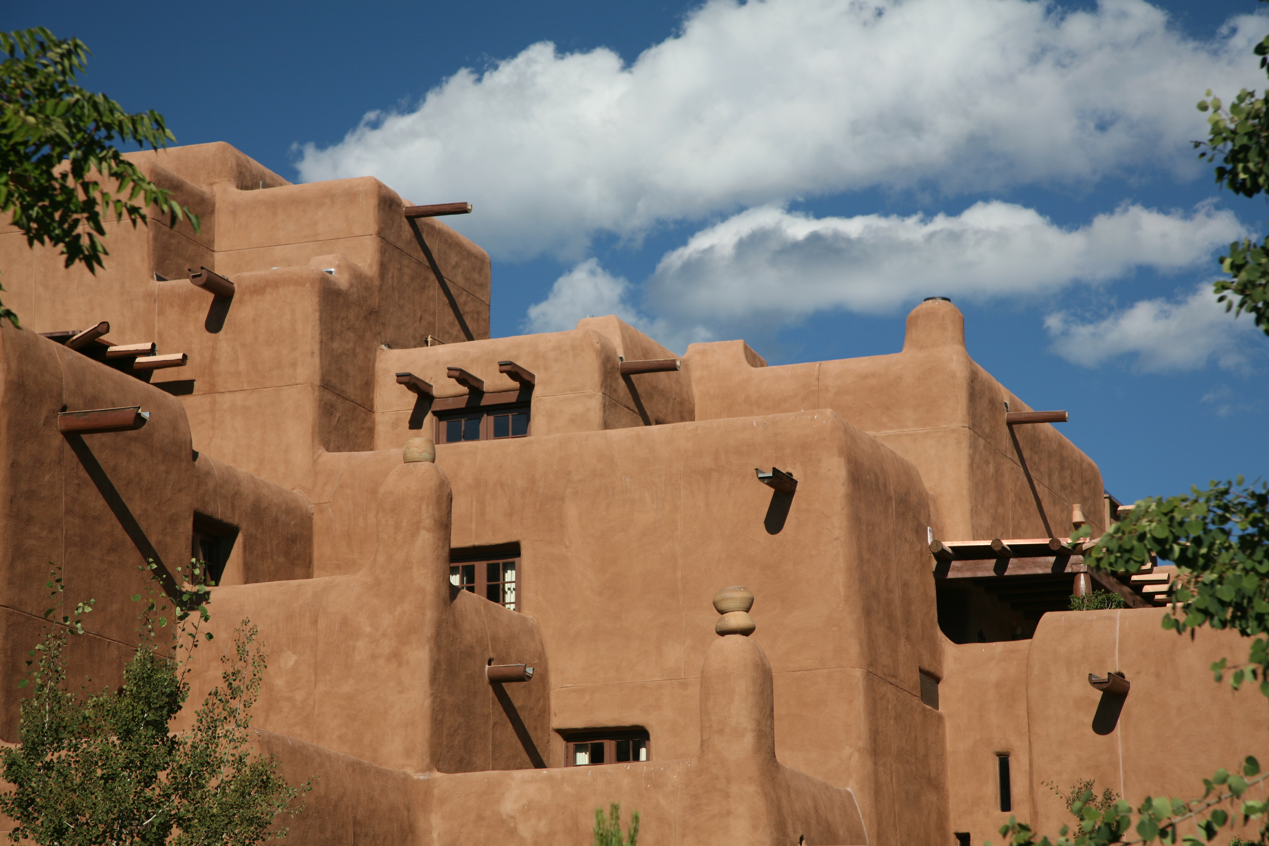 Adobe pueblo revival style architecture in Santa Fe, New Mexico.