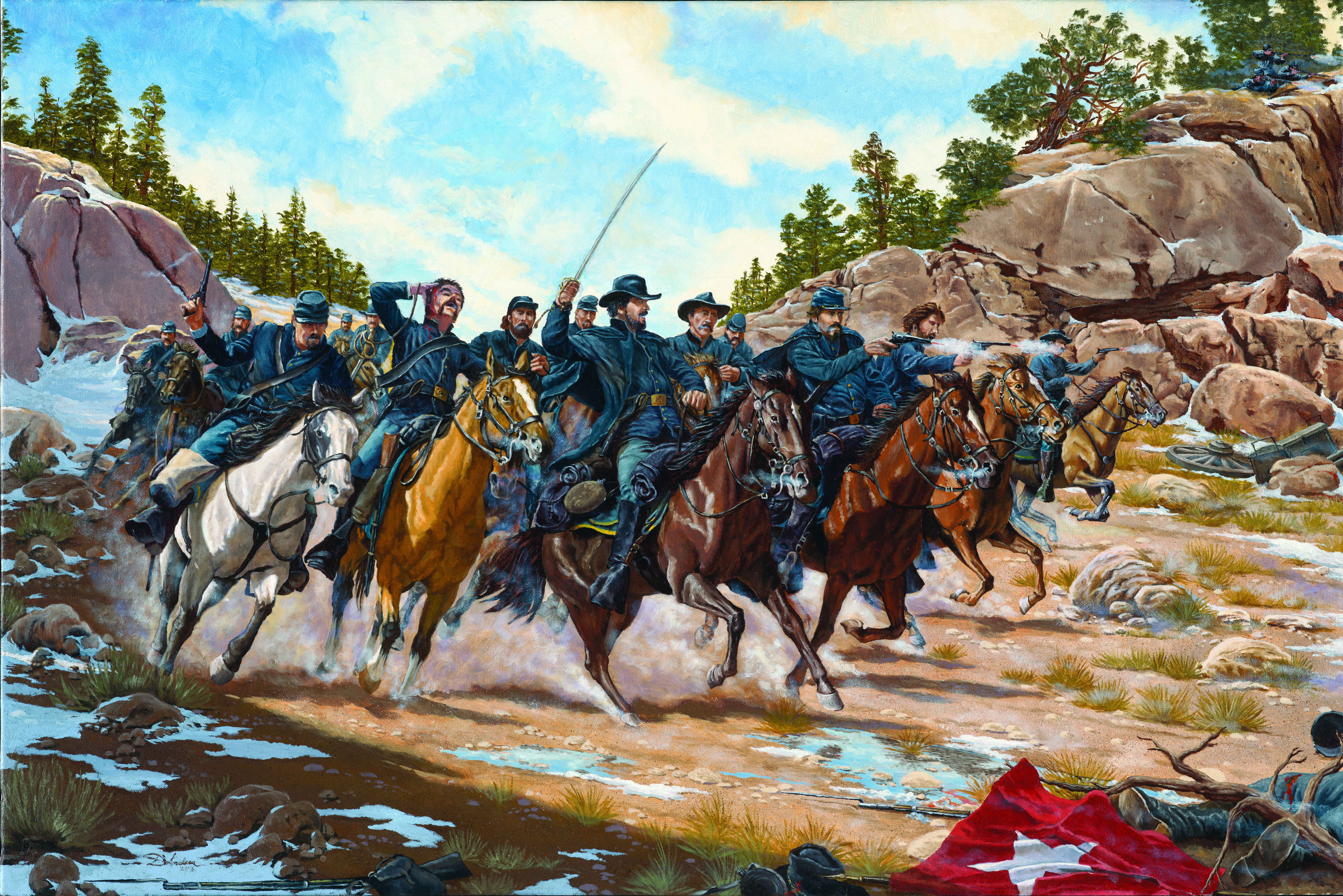 At the start of the Civil War, Confederate Brig. Gen. Henry H. Sibley proposed a plan to seize mining centers in Colorado and California. Sibley recruited three Texas volunteer regiments of cavalry and artillery numbering 3,000 men. They would seize the New Mexico and Colorado Territories.
Sibley’s small army conducted a successful campaign up New Mexico’s Rio Grande Valley. Meanwhile, reinforcements from neighboring Colorado Territory moved south to prevent the Texans from seizing Fort Union, the primary garrison along the Santa Fe Trail.
First Colorado Volunteer Infantry, New Mexico volunteers, and other soldiers encountered Texas forces near Glorieta Pass on March 26, 1862, east of Santa Fe. This high point on the southern end of the Sangre de Cristo Mountains crossed the route to Fort Union.
ompany of Colorado mounted infantry charged the Confederates west of the Glorieta summit in snowy Apache Canyon. This advance halted at dusk without a clear victory. The armies engaged again on March 28. Day’s end seemed to bring about victory for the Southerners.
Confederate fortunes changed dramatically when a force of Colorado and New Mexico troops destroyed the Confederate supply train near Johnson’s Ranch. Unable to continue the advance northwards, Sibley and his troops retreated back toward Santa Fe and ultimately back to Texas.

The Battle of Glorieta Pass, sometimes called the "Gettysburg of the West," ended Confederate hopes of establishing access to mineral resources in Colorado. Colorado and New Mexico territorial troops had effectively preserved the Union in the west. The proud heritage of these citizen-soldiers lives on in today's Colorado and New Mexico Army National Guards.