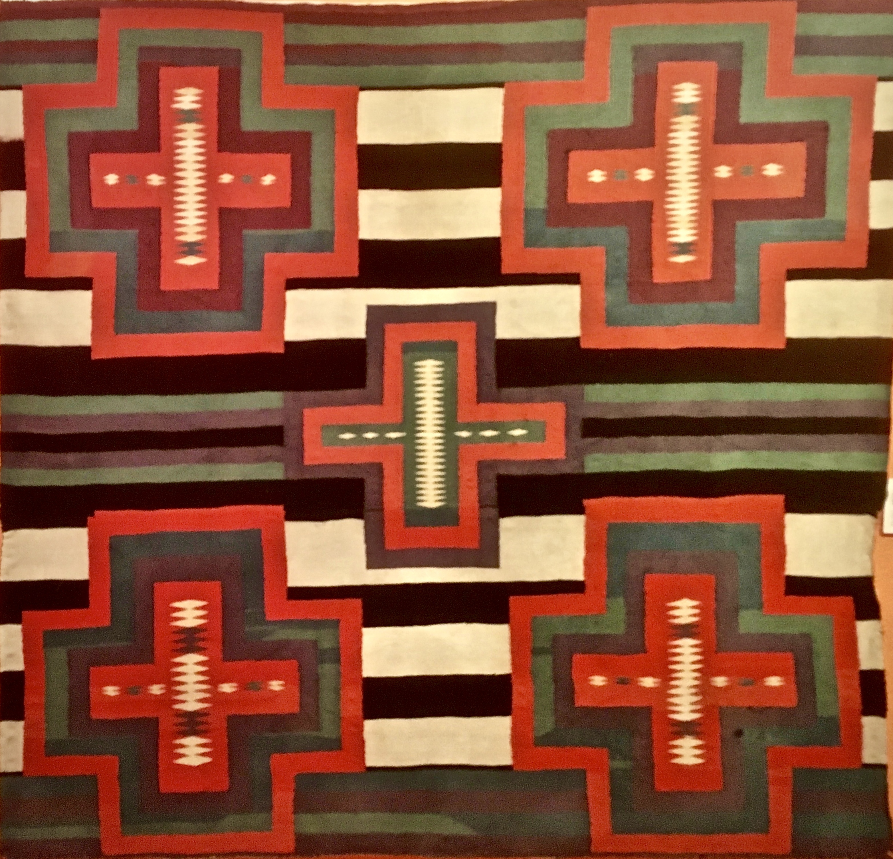 Navajo Third phase wearing blanket, circa 1890-95. Millicent Rogers museum, Taos.


Germantown (PA) wool, aniline dyed. The third phase show increasing Hispanic design influences. Perspective fixed with GIMP.