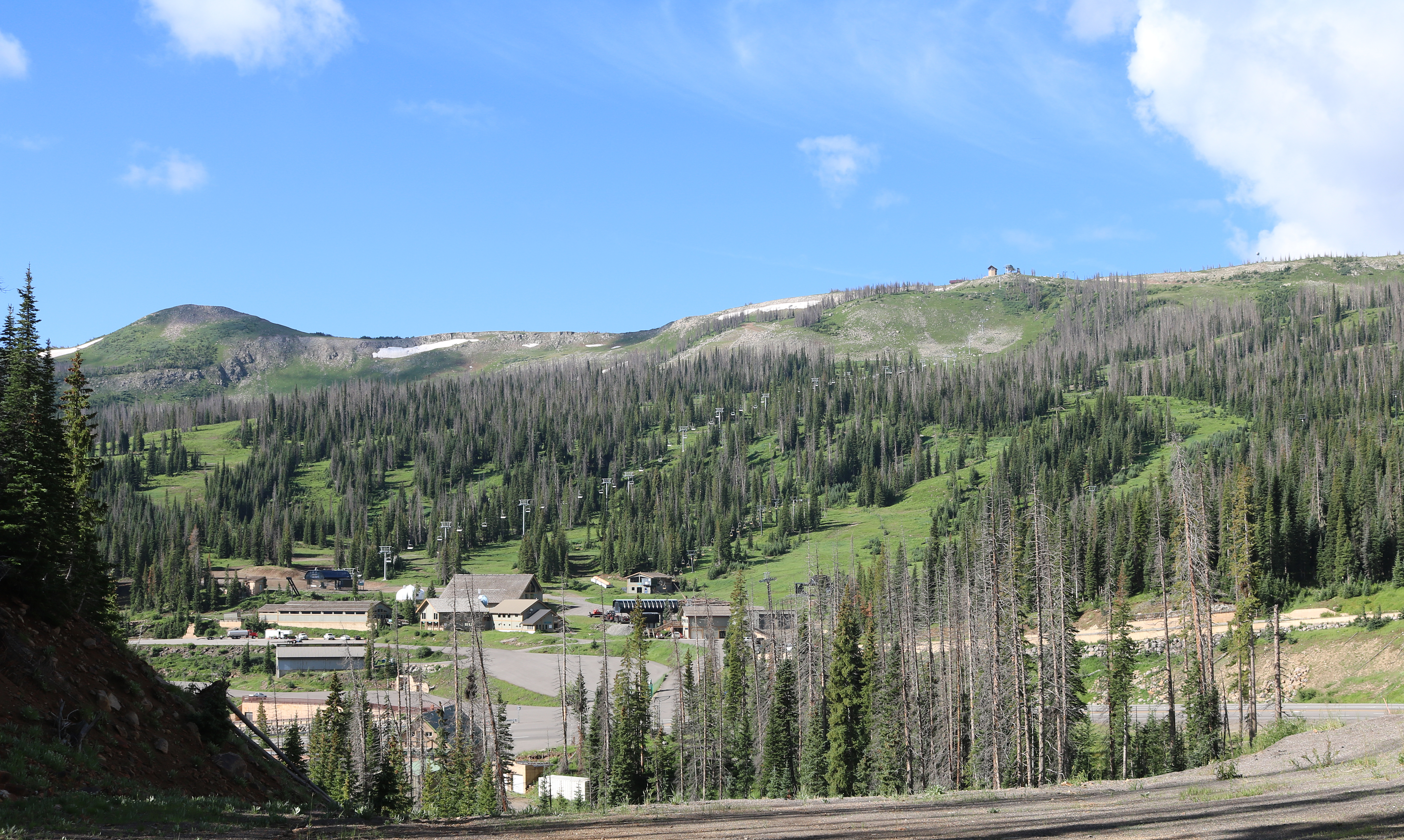 The Wolf Creek Ski Area in Mineral County, Colorado. The mountain peak on the left is Alberta Peak, elevation 11,850 feet (3,612 meters).