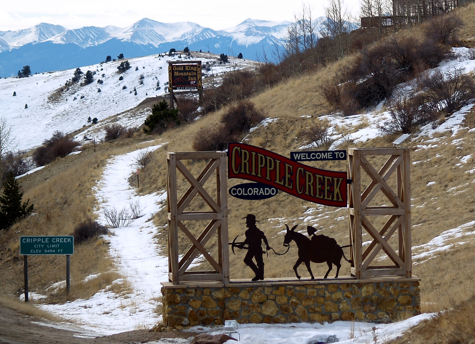 The sign welcoming visitors to Cripple Creek, Colorado in Teller County.