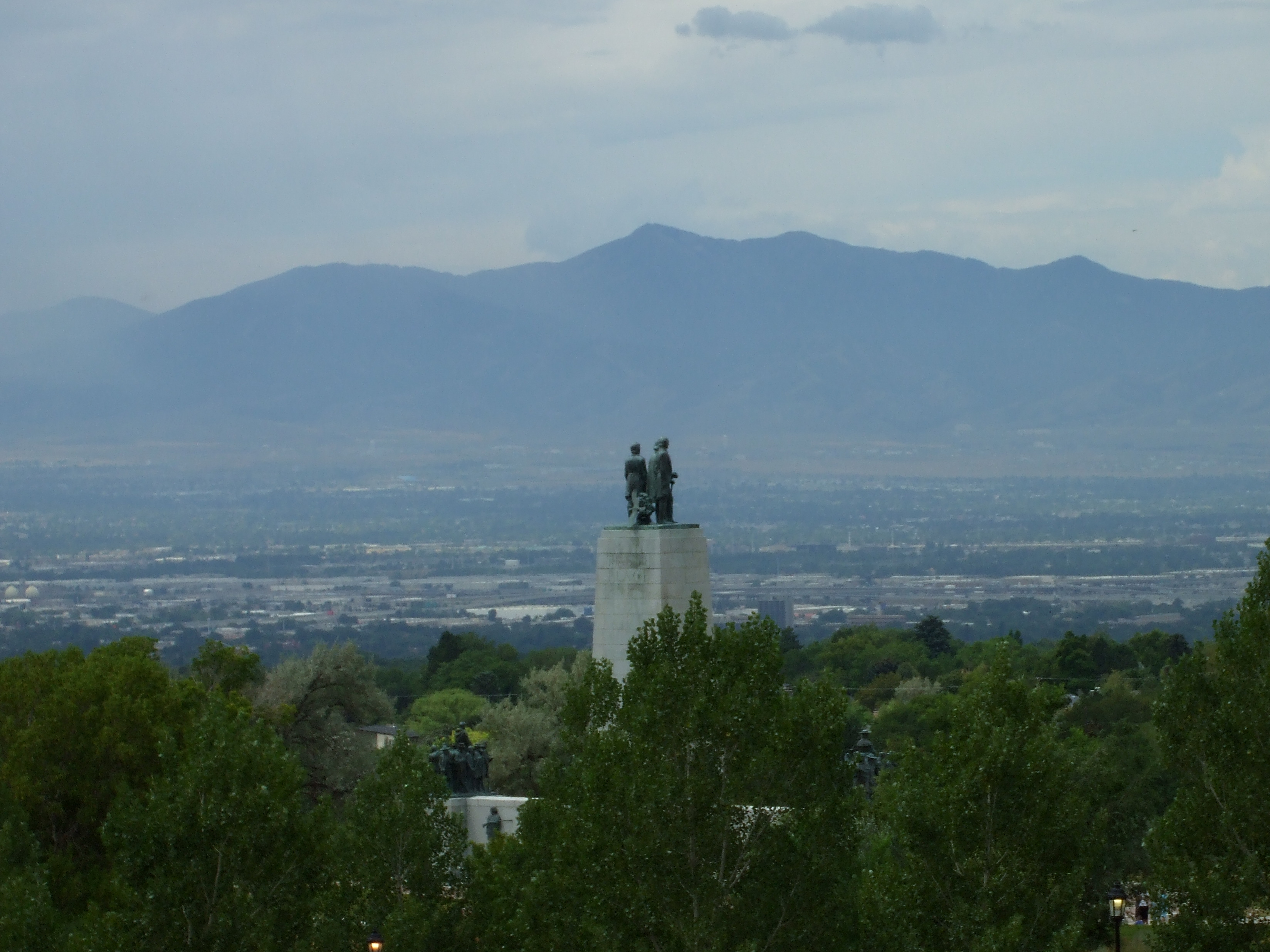 View of the Salt Lake Valley as seen from the original 1921 monument at This Is The Place Heritage Park in Salt Lake City, Utah, United States.