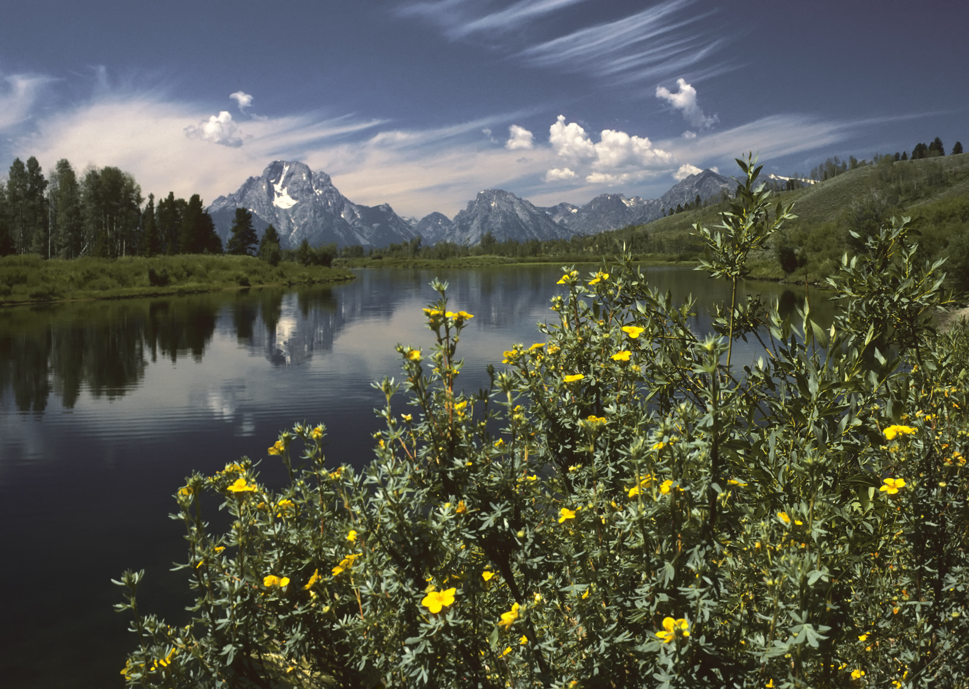 Oxbow Bend outlook in the Grand Teton National Park. View over the Snake River to the Mount Moran with the Skillet Glacier (12,605 ft/3,842 m), Bivouac Peak (10,825 ft/3,299 m) and Eagles Rest Peak (11,258 ft/3,431 m) in the Teton Range, Wyoming, United States.