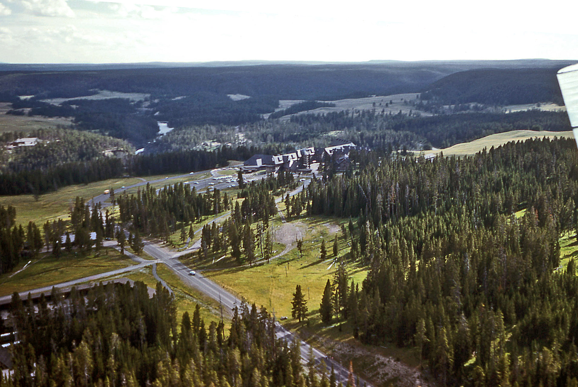 Aerial view of the Canyon Hotel in Yellowstone National Park, Wyoming, USA. NPS public domain slide file, color corrected, rotated and cropped.