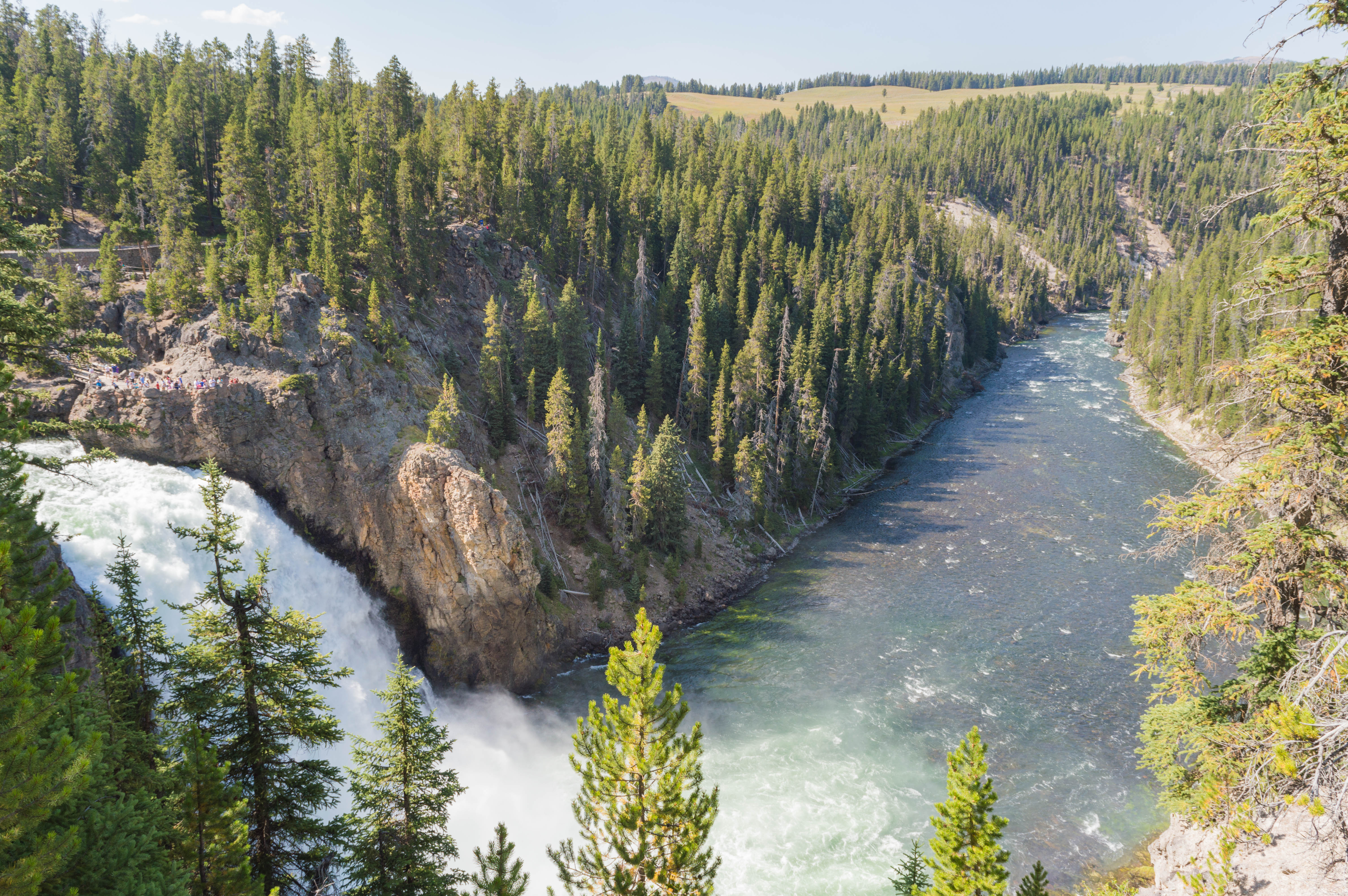 The Upper Falls of the Yellowstone River in Yellowstone NP, seen from a hiking trail.