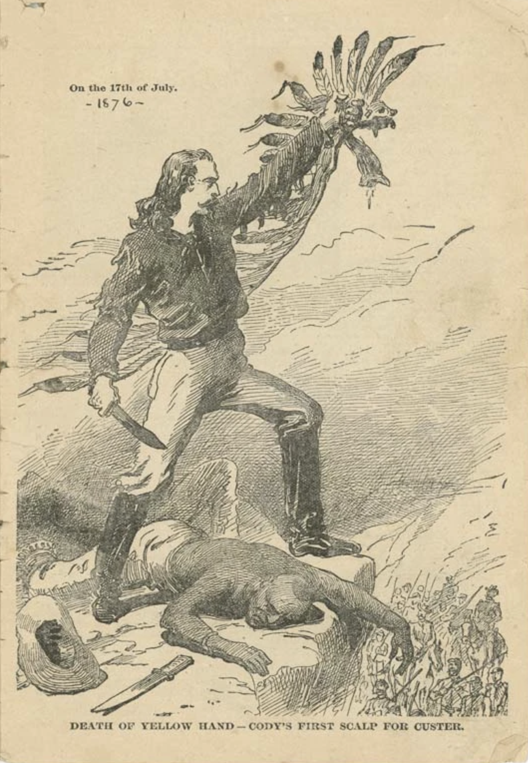 Illustration of the killing of Yellow Hair and "first scalp for Custer", from a 1884 program for Buffalo Bill's Wild West