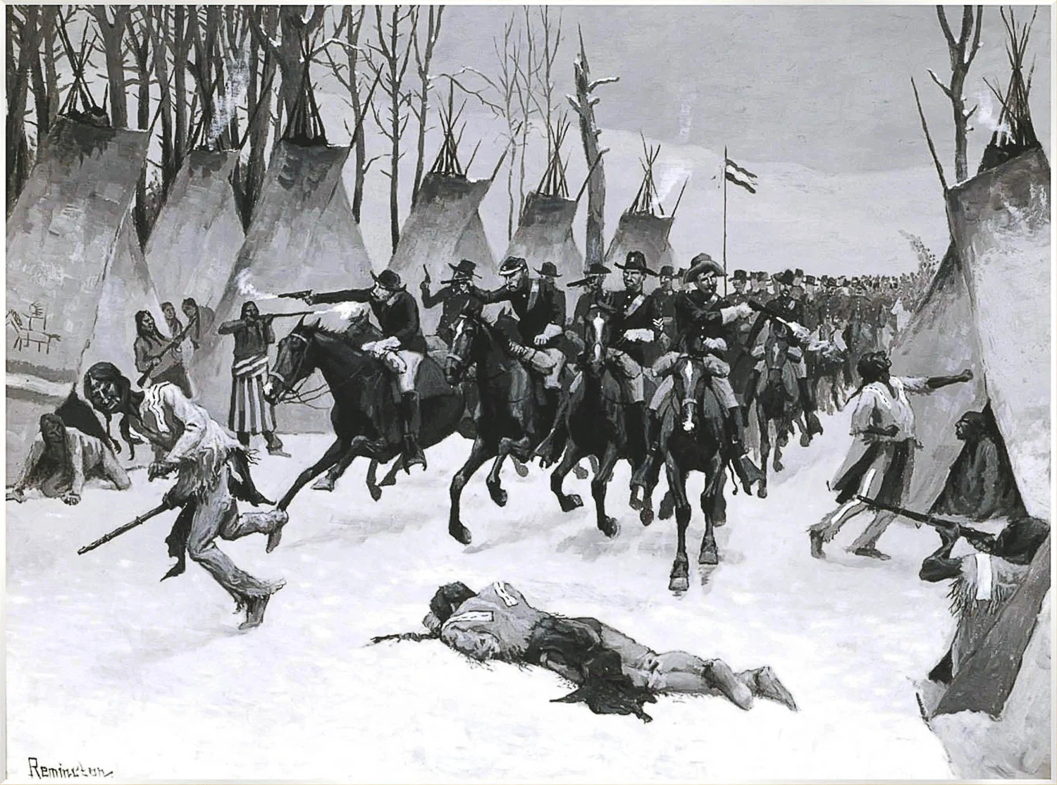 Painting of the Battle of Washita (River) - Sand Creek Massacre by Frederic Remington. Description: At dawn on November 29, 1864, approximately 675 U.S. soldiers commanded by Colonel John M. Chivington attacked a village of about 700 Cheyenne and Arapaho Indians along Sand Creek in southeastern Colorado Territory. Using small arms and howitzer fire, the troops drove the people out of their camp. While many managed to escape the initial onslaught, others, particularly noncombatant women, children, and the elderly fled into and up the bottom of the dry stream bed. The soldiers followed, shooting at them as they struggled through the sandy earth. At a point several hundred yards above the village, the women and children frantically excavated pits and trenches along either side of the stream bed to protect themselves. Some adult men attempted to hold back the Army with whatever weapons they had managed to retrieve from the camp, and at several places along Sand Creek the soldiers shot people from opposite banks and brought forward the howitzers to assault their improvised defenses. Over the course of eight hours the troops killed around 200 Cheyenne and Arapaho people composed mostly of women, children, and the elderly. During the afternoon and following day, the soldiers wandered over the field committing atrocities on the dead before departing the scene on December 1 to resume campaigning.
