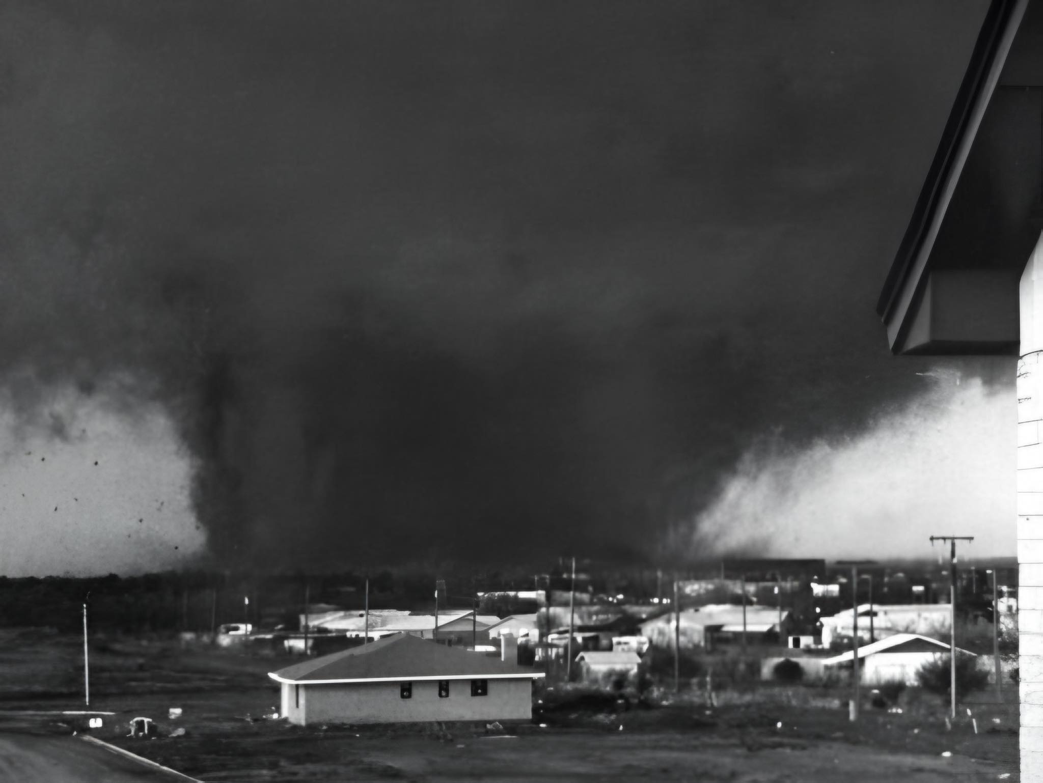 The 1979 Wichita Falls, Texas F4 tornado at peak intensity. This photo was published by NOAA on April 2, 1980, using it as the cover Image of their Natural Disaster Survey Report.