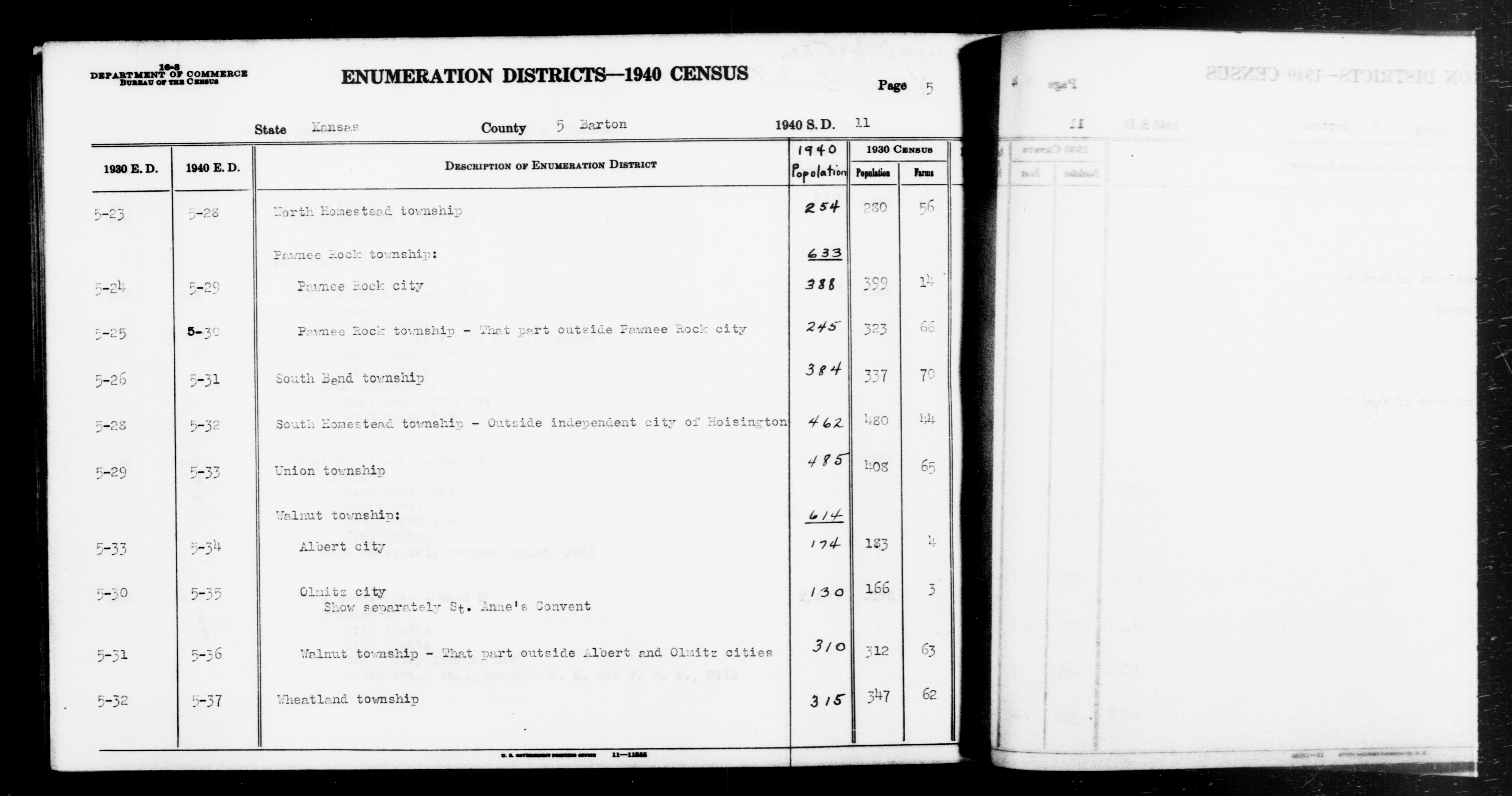 Scope and content:  This item lists Enumeration Districts for:
KS ED 5-28: NORTH HOMESTEAD TOWNSHIP.
KS ED 5-29: PAWNEE ROCK TOWNSHIP, PAWNEE ROCK CITY.
KS ED 5-30: PAWNEE ROCK TOWNSHIP OUTSIDE PAWNEE ROCK CITY.
KS ED 5-31: SOUTH BEND TOWNSHIP.
KS ED 5-32: SOUTH HOMESTEAD TOWNSHIP OUTSIDE HOISINGTON CITY.
KS ED 5-33: UNION TOWNSHIP.
KS ED 5-34: WALNUT TOWNSHIP, ALBERT CITY.
KS ED 5-35: WALNUT TOWNSHIP, OLMITZ CITY, ST. ANNE S CONVENT.
KS ED 5-36: WALNUT TOWNSHIP OUTSIDE ALBERT AND OLMITZ CITIES.

KS ED 5-37: WHEATLAND TOWNSHIP.