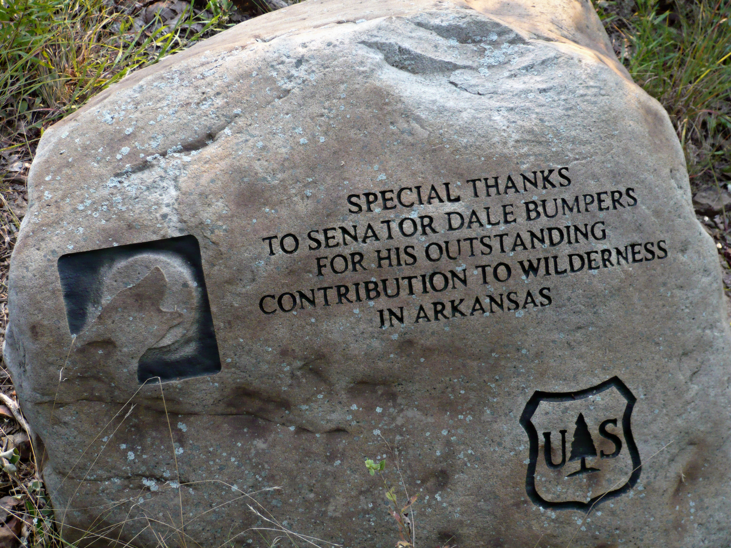 Monument to Dale Bumpers at Flatside Wilderness, Ouachita Mountains, Arkansas.  This monument is located just off the forest road parking area slightly west of Flatside Pinnacle in Ouachita National Forest.