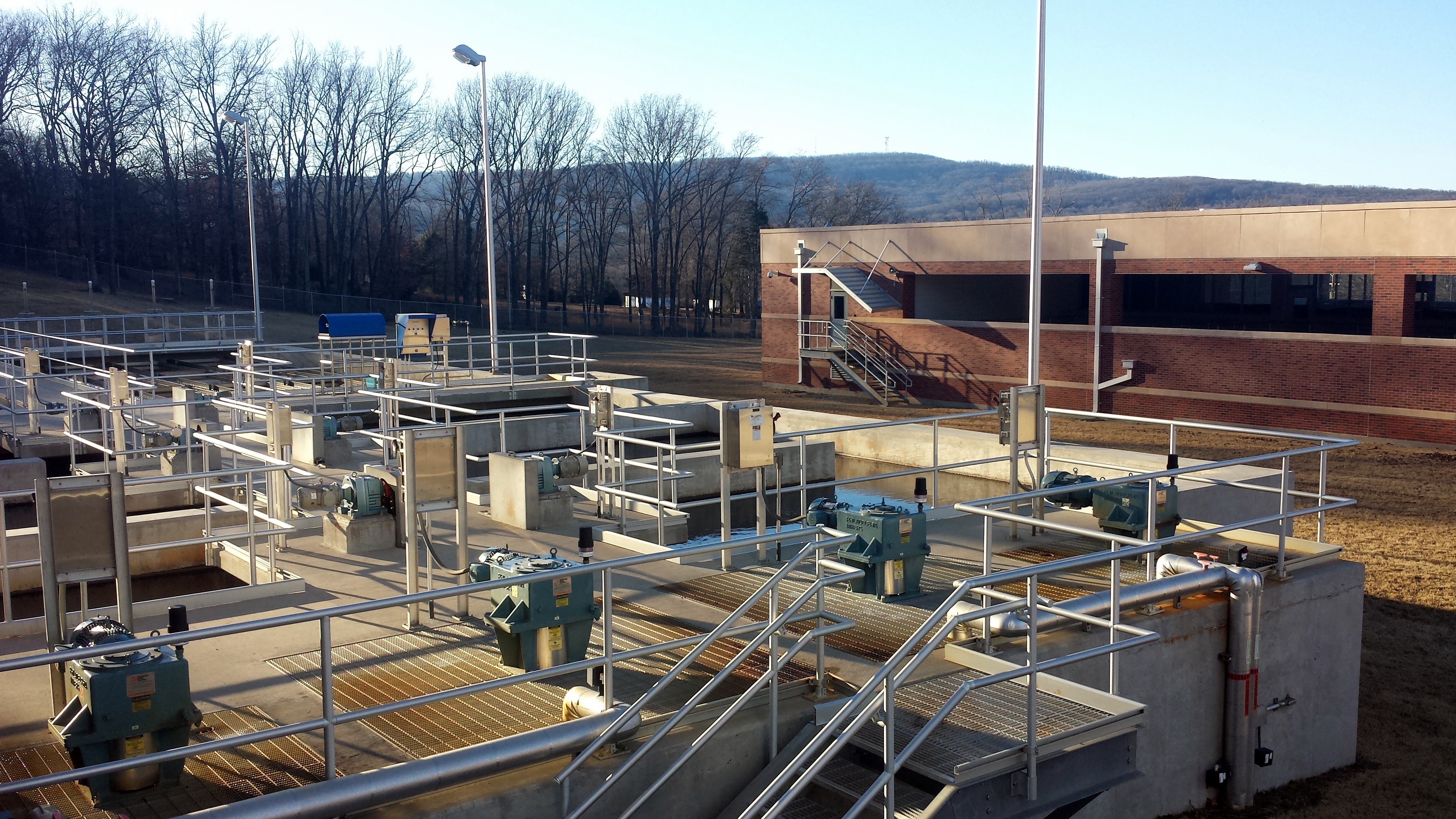 View of coagulant and flocculators, with filter building in background