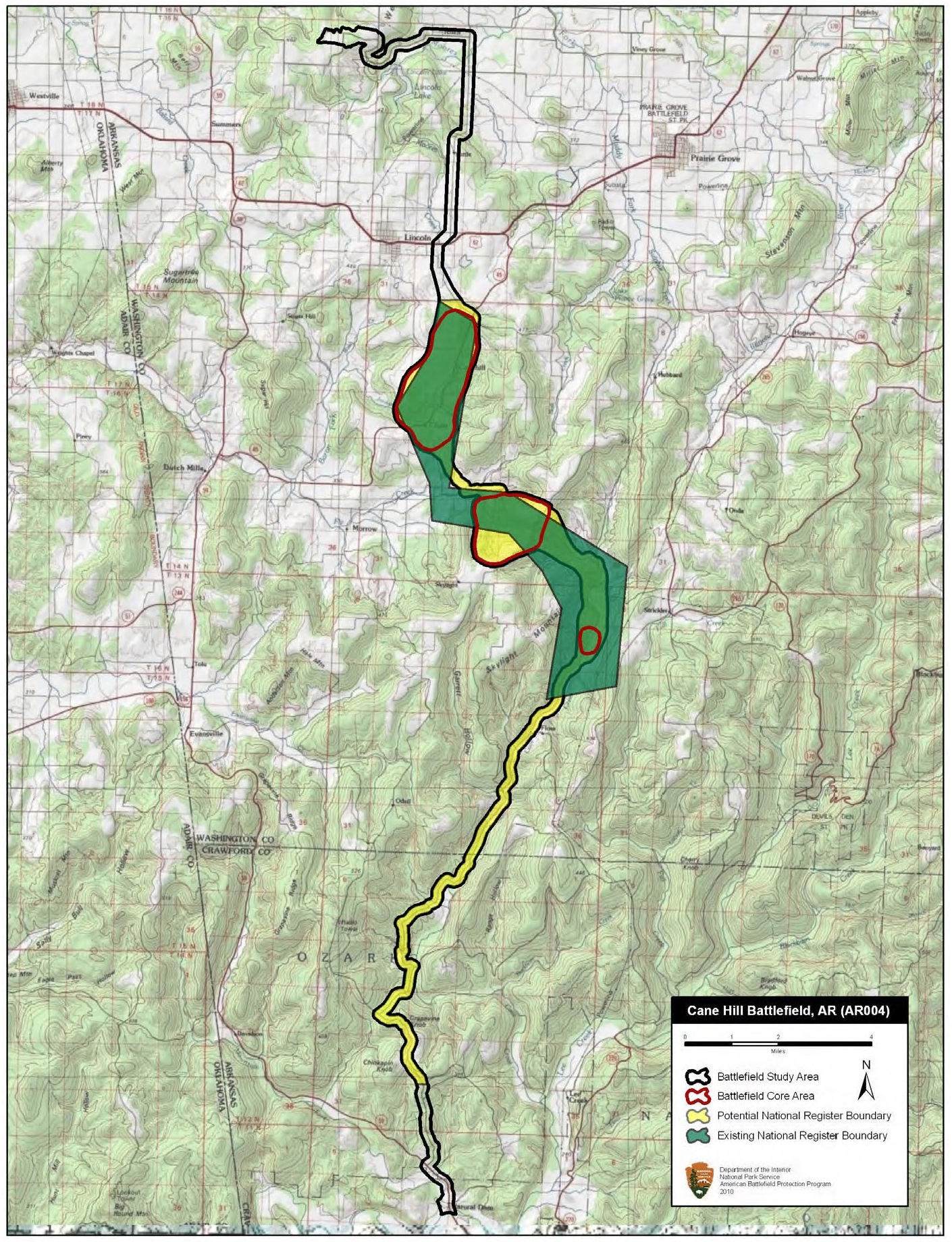 Map of battlefield core and study areas.
The Study Area includes the starting point of the Federal probing movement south toward Cane Hill, the starting point (Lee Creek camp) of the Confederate probing movement north toward Cane Hill, and the three engagement areas at Cane Hill, Fly Creek Valley, and Cove Creek.

The Cane Hill Core Area was revised to include more positions of Federal artillery. The Cove Creek Core Area was added to illustrate the location of the Confederate ambush that decided the outcome of the battle.