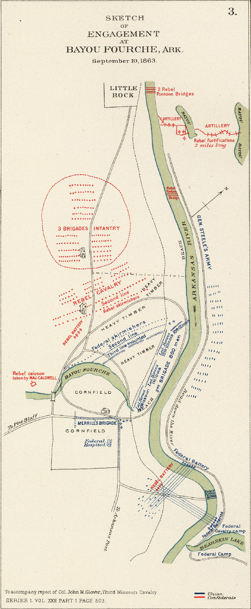 Sketch of engagement at Bayou Fourche, Arkansas, fought September 10, 1863, between the Confederate forces under Major General Price and the United States forces under Major General Steele. To accompany report of Col. John M. Glover, Third Missouri Cavalry.Higher-resolution version at the David Rumsey Historical Map Collection
Sketch

Bayou Forche