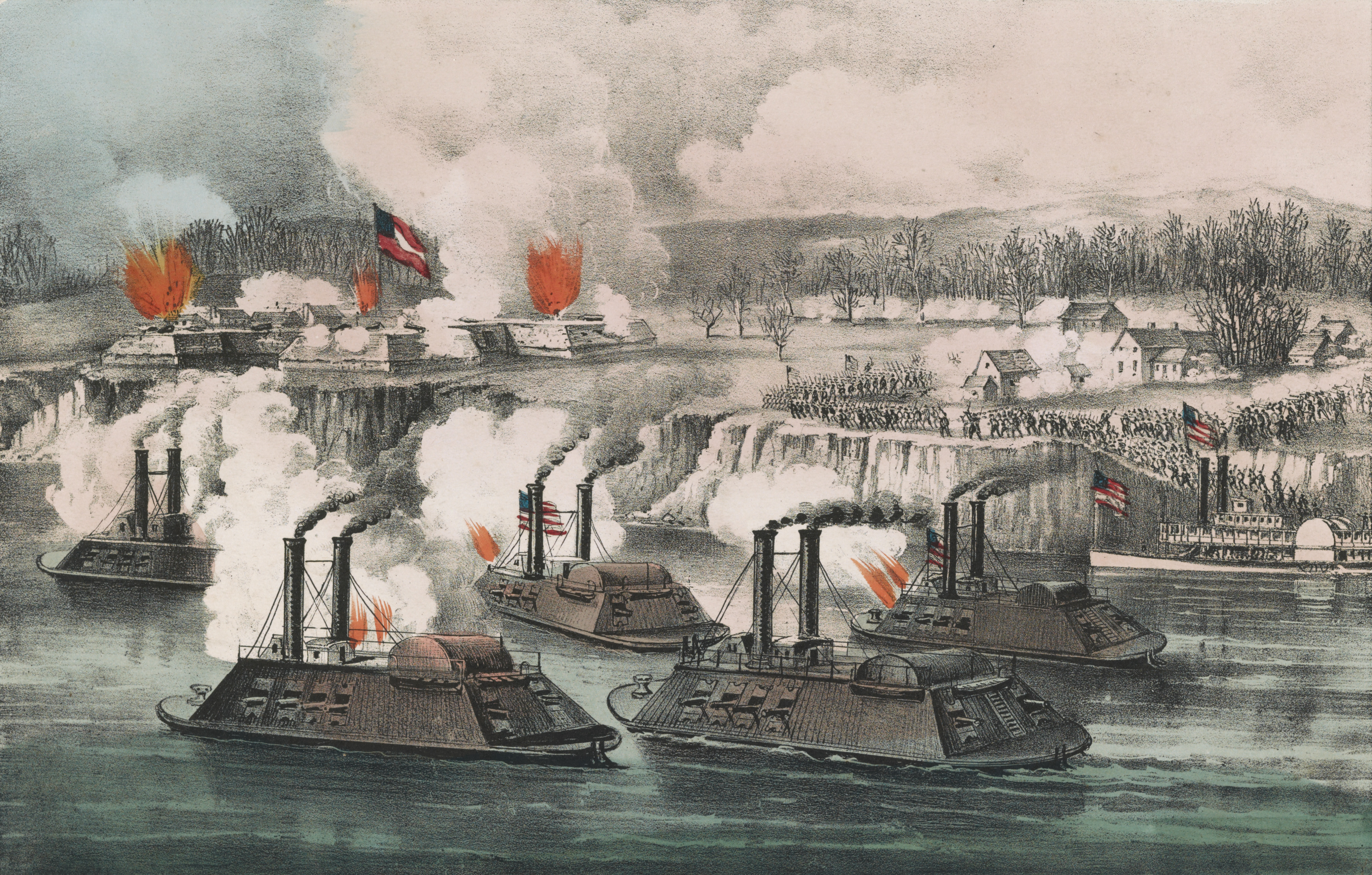 Title: Bombardment and capture of Fort Hindman, Arkansas Post, Ark. Jany. 11th 1863
Abstract/medium: 1 print : lithograph, hand col.