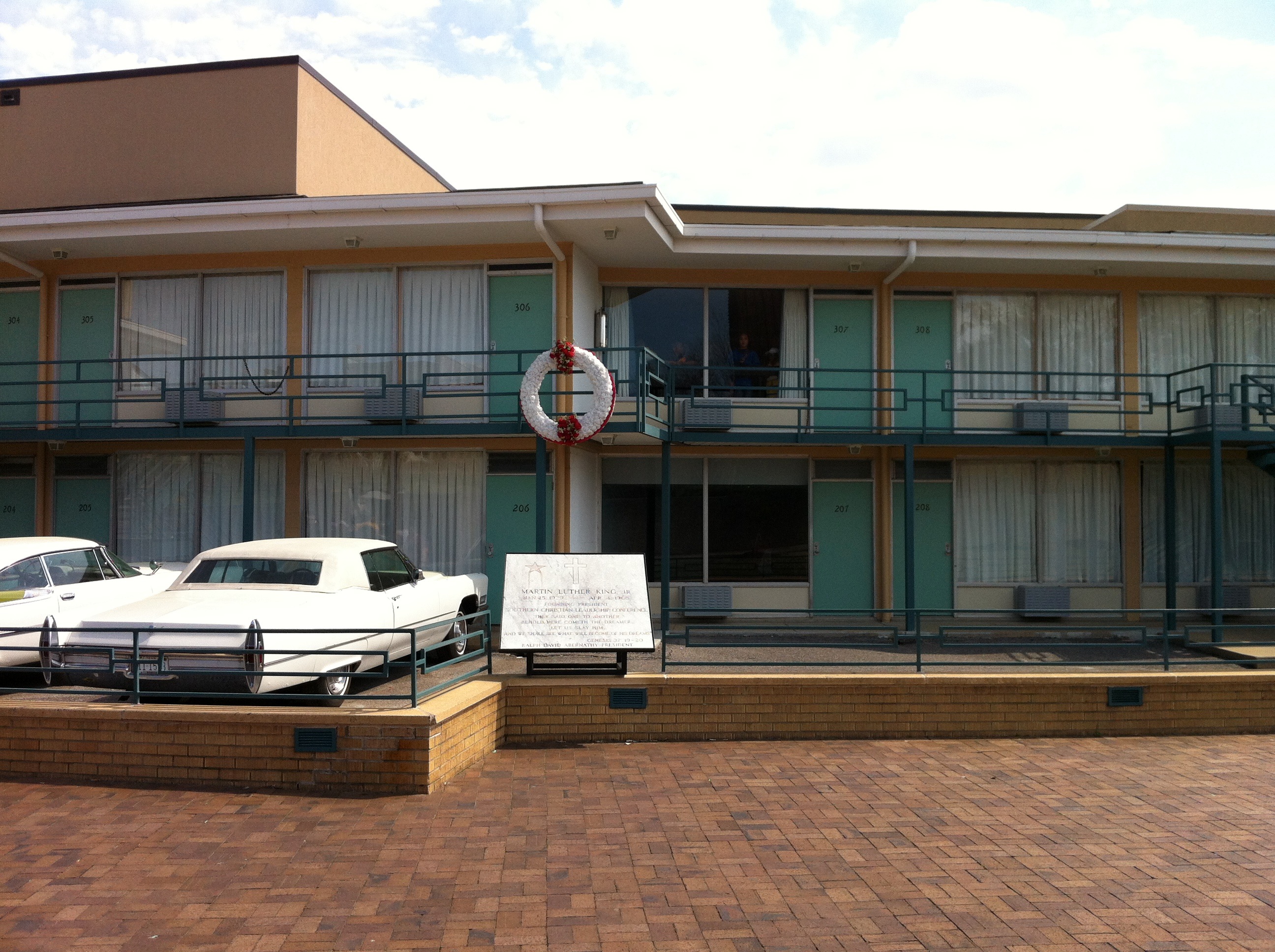 W-E View of the site of the assassination of Martin Luther King, Jr. at the Lorraine Motel, part of the National Civil Rights Museum in Memphis, TN. The wreath marks the approximate site.