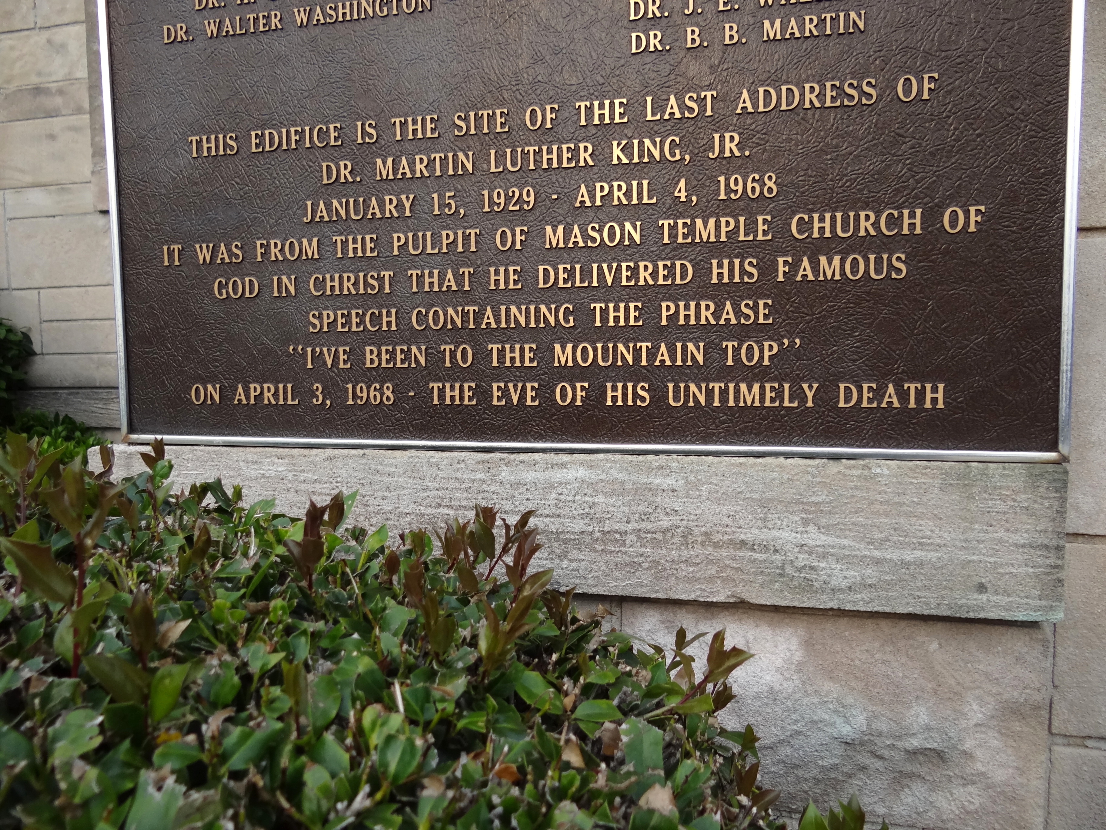 Plaque Outside Mason Temple Church of God in Christ - Where Martin Luther King Delivered His Mountaintop Speech - Downtown Memphis - Tennessee - USA