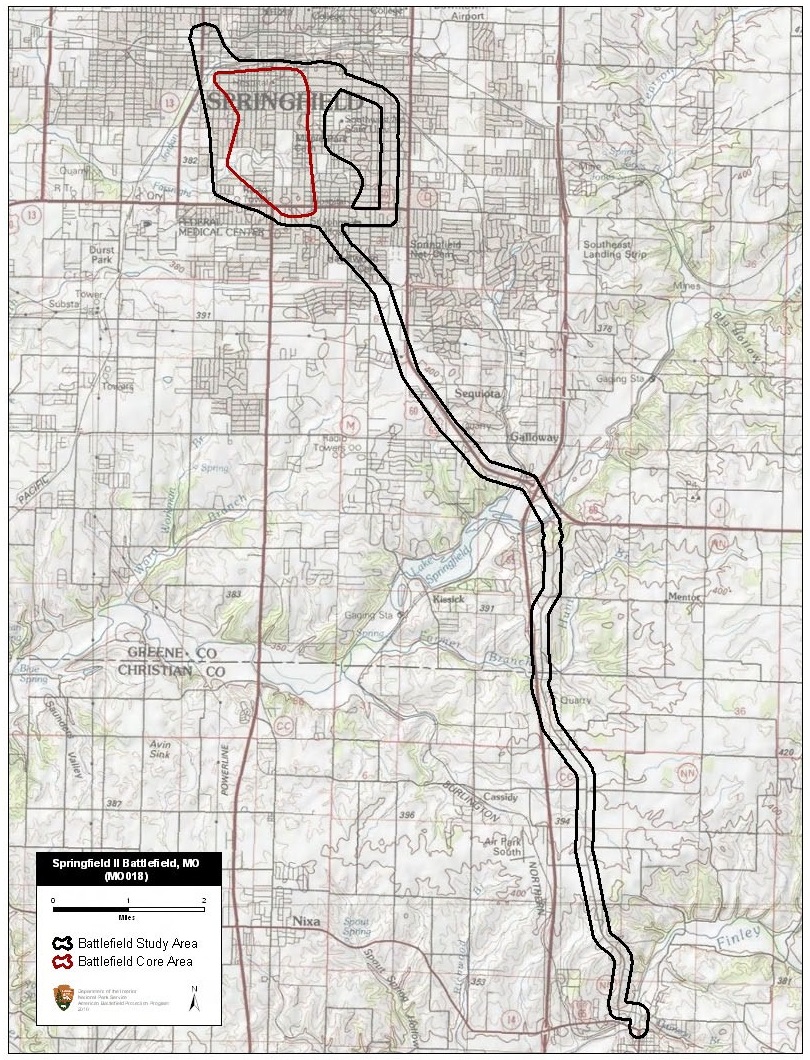 Map of battlefield core and study areas.
The ABPP expanded the 1993 Study Area to include the Confederate approach route from Ozark to Springfield and the Confederate retreat route through the open prairie toward Marshfield (to the point at which the Confederates encamped).

The 1993 Core Area was reduced slightly to more realistically reflect the range of the artillery involved in the battle, and to exclude the area of the Confederate bivouac.