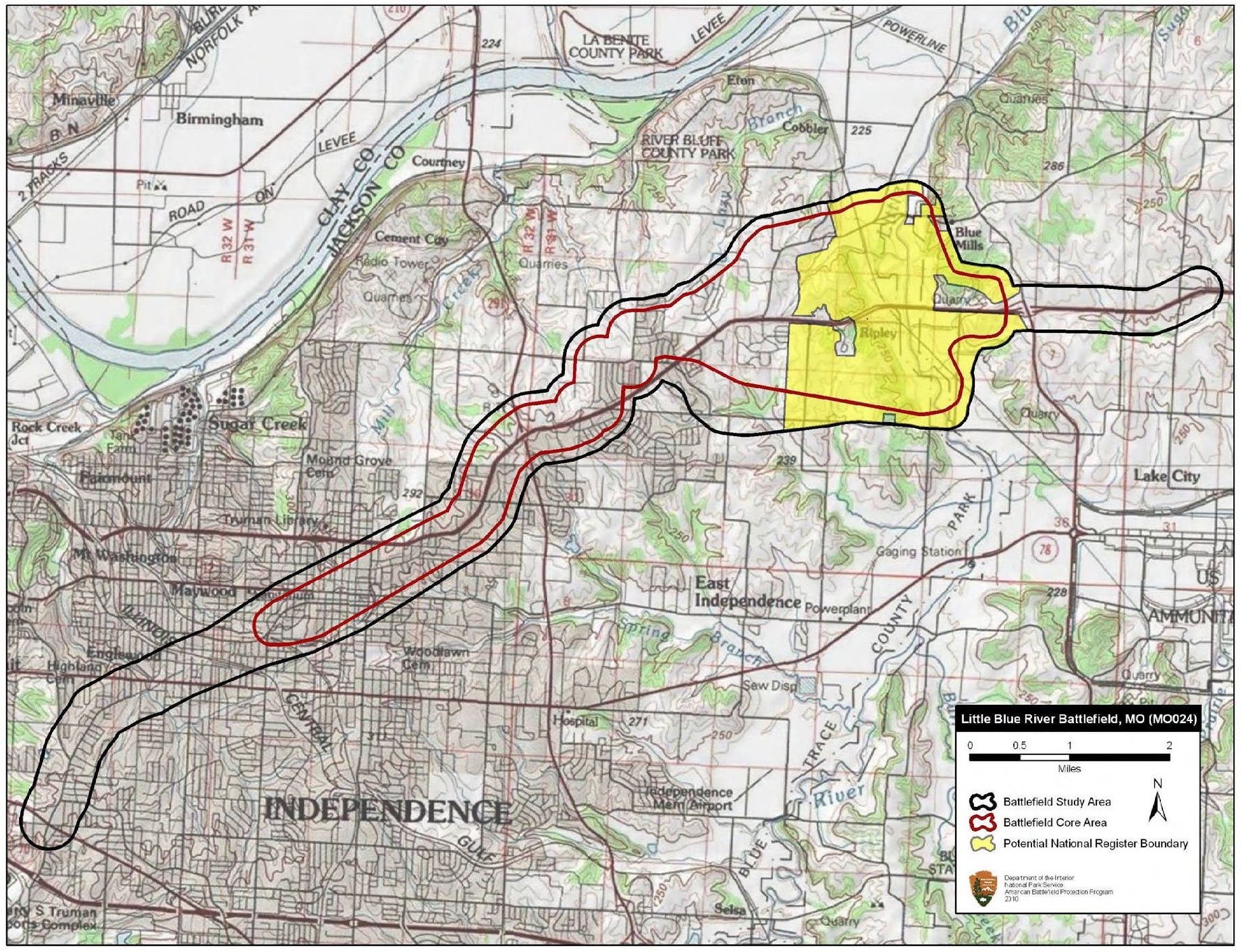 Map of battlefield core and study areas.
The ABPP expanded the 1993 Study Area to include the Confederate route of approach from the east, the point of initial contact between the opposing forces, the area of fighting across the Little Blue River, the area of fighting west of the river, areas of troop movements throughout the day, and the path of the fight to and through Independence. The ABPP was unable to identify the roads upon which Union forces completed their withdrawal toward Westport.

The ABPP redrew the 1993 Core Area to represent more fully the day’s fighting. Included are 1) the location of the opening engagement east of the Little Blue River; 2) the sweep of fighting along and across the river; 3) the location of fighting across farmland to the west of the river; 4) the location where the Union battle line reformed once Blunt arrived on the field from Independence; 5) the area of the Union counterattack back toward the river; 6) the Confederate counterattack back to the west; 6) the fighting retreat made by of Union forces to Independence; and 7) the street fighting in town.