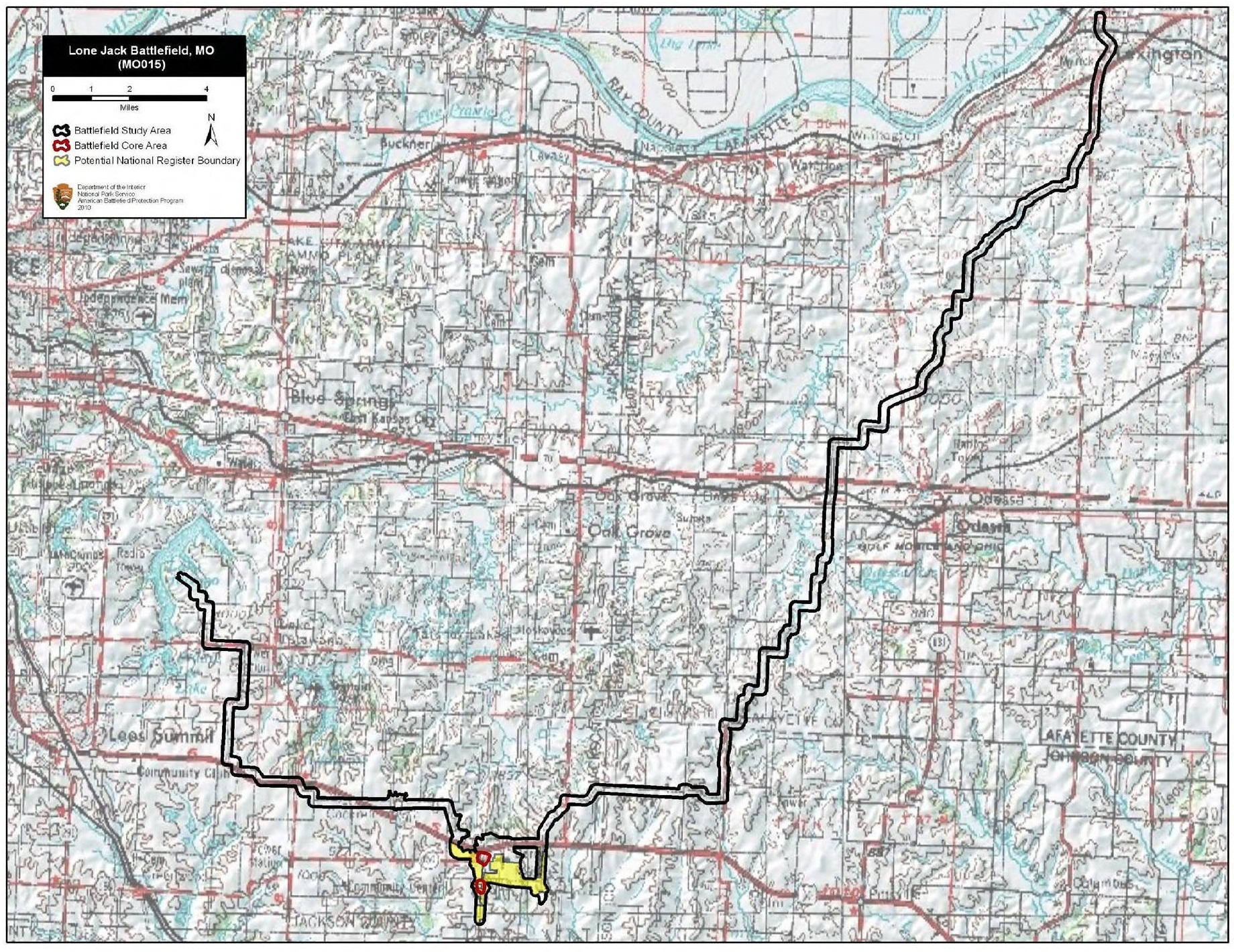 Map of battlefield core and study areas. The ABPP expanded the 1993 Study Area to include the Federal approach route (and later retreat route) from Lexington, and the Confederate camps, approach route, and retreat route associated with the action on the 16th. The Study Area was also adjusted to accommodate a new Core Area (see below). The 1993 Core Area was amended to reflect more accurately the size of the engagement south of Lone Jack and to include the location where Federal forces fought to break away from the battle on the east side of the battlefield. South of the original Core Area, the ABPP mapped a new Core Area to represent the area of the Federal attack on Colonel Coffee's camp on the 15th.