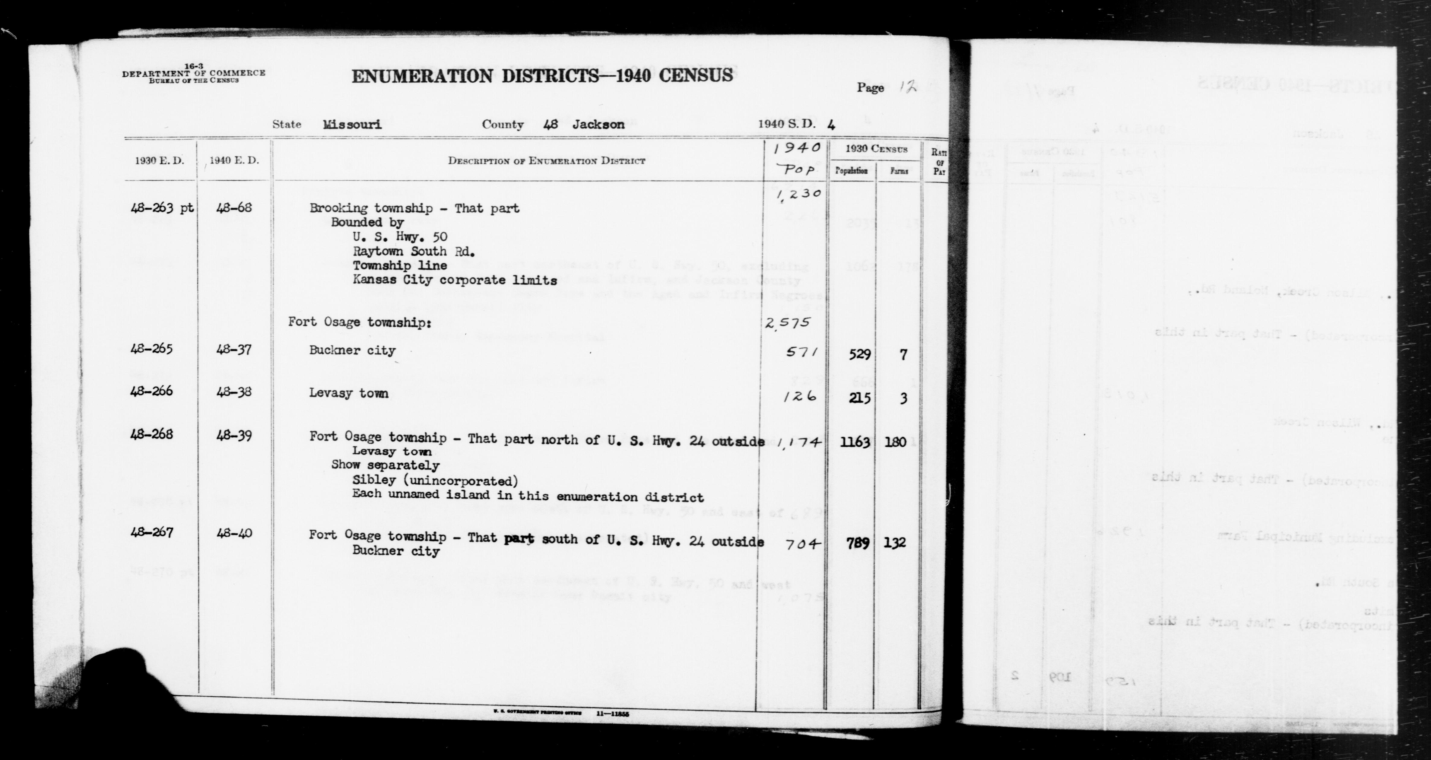 Scope and content:  This item lists Enumeration Districts for:
MO ED 48-37: FORT OSAGE TOWNSHIP, BUCKNER TOWN.
MO ED 48-38: FORT OSAGE TOWNSHIP, LEVASY TOWN.
MO ED 48-39: FORT OSAGE TOWNSHIP OUTSIDE LEVASY TOWN N OF U.S. HIGHWAY 24, SIBLEY, UNNAMED ISLANDS.
MO ED 48-40: FORT OSAGE TOWNSHIP OUTSIDE BUCKNER CITY S OF U.S. HIGHWAY 24.

MO ED 48-68: BROOKING TOWNSHIP BOUNDED BY (N) U.S. HIGHWAY 50; (E) RAYTOWN S RD; (S) TOWNSHIP LINE; (W) KANSAS CITY CORPORATE LIMITS.