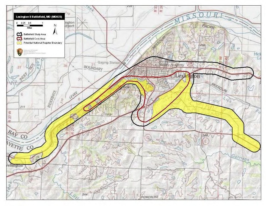 Map of battlefield core and study areas.
The ABPP expanded the 1993 Study Area to include the Union encampment, troop movements from the encampment down to the Old Fair Grounds south of town, the two Confederate approach routes from the east, and the routes of withdrawal used by Union and Confederate forces to the west (the routes of withdrawal end at a road intersection described in the reports of the engagement found in The War of the Rebellion: a Compilation of the Official Records of the Union and Confederate Armies).

The ABPP reduced the 1993 Core Area slightly in the north and south to illustrate more accurately where fighting occurred. The Core Area was extended to the west to reflect the extent of the fighting during the Federal retreat.