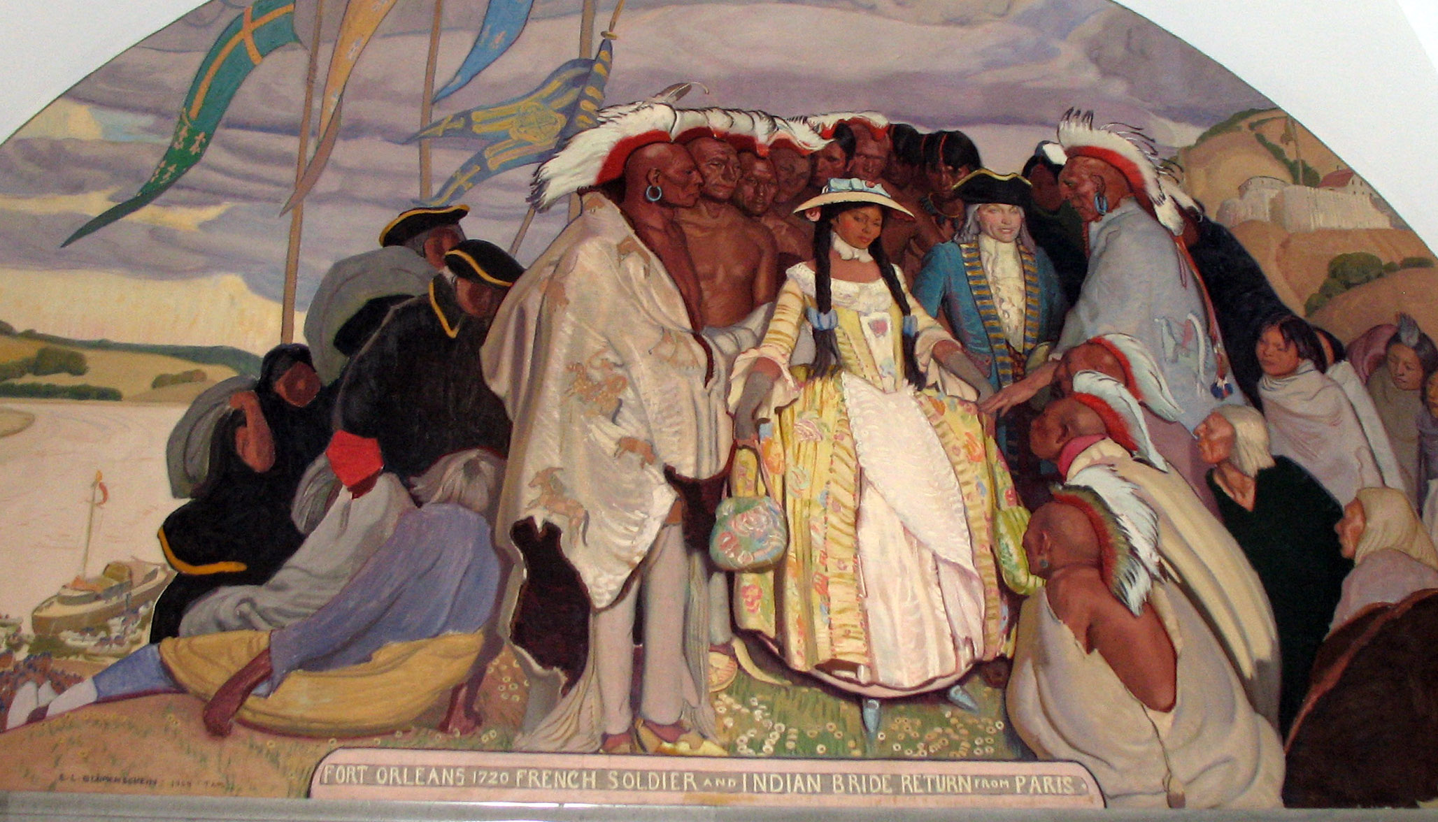 Return to Fort Orleans from Missouri State Capitol mural. (Info about this mural: www.si.edu.) Note the date on the caption is wrong. The trip to Paris was in 1725.