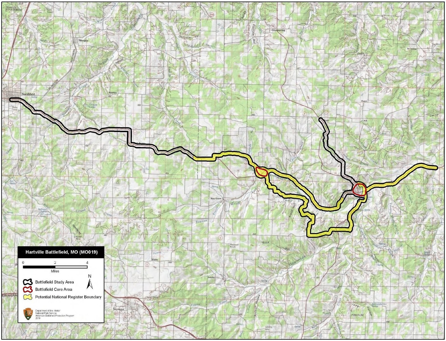 Map of battlefield core and study areas.
The ABPP revised the 1993 Study Area and extended the Confederate approach route to Marshville where Porter and Marmaduke's forces met prior to moving east. The Confederate flanking maneuver around Merrill's position at Wood's Fork, the Confederate route of retreat toward Houston, and the Union route of retreat towards Lebanon were also added to the Study Area.

The ABPP added a new Core Area at Wood's Fork where Federal and Confederate forces first clashed. The Core Area at Hartsville was adjusted slightly to better represent the range of artillery used by both forces.