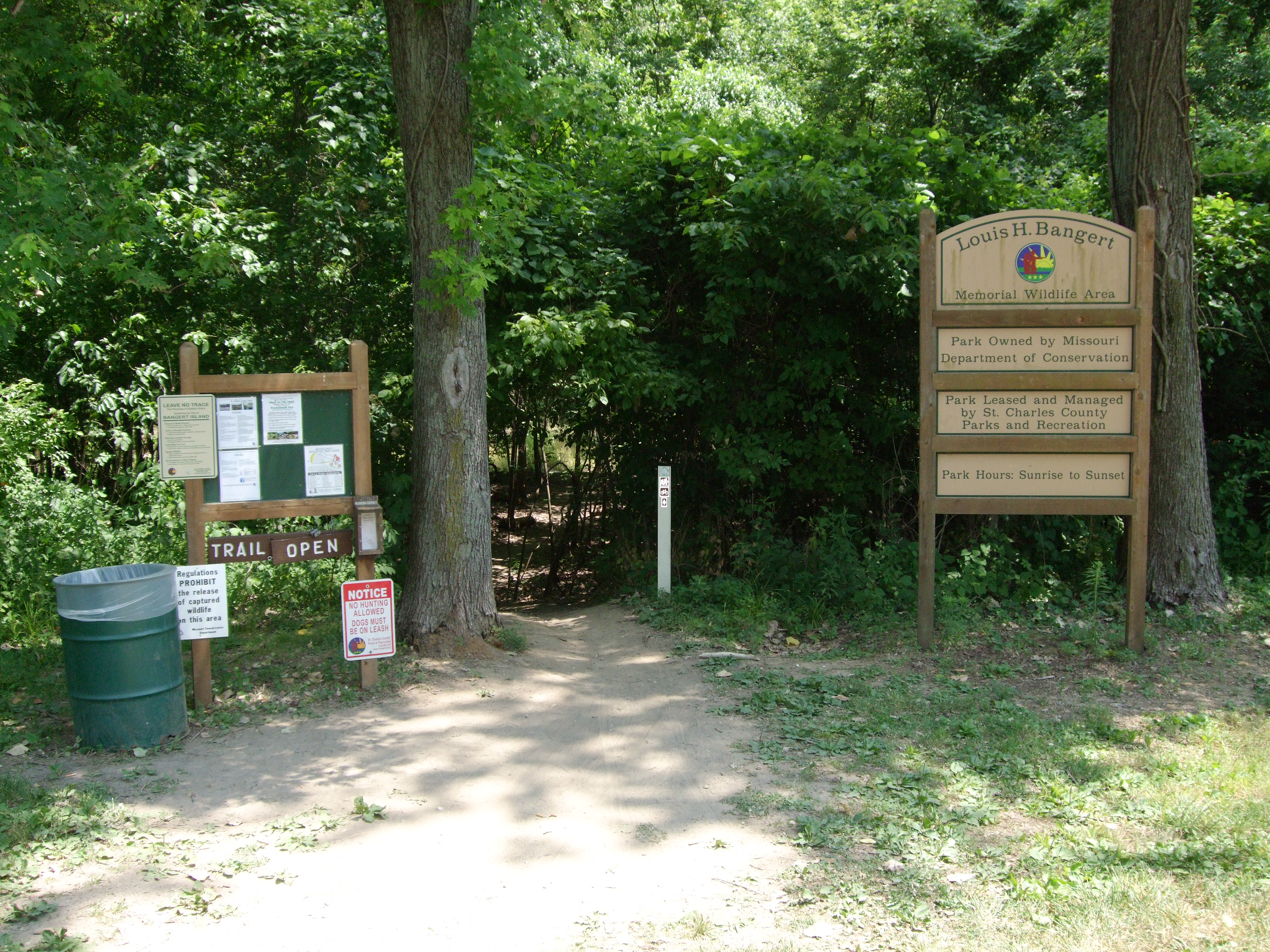 Bangert Island Trail entrance off the Katy Trail in Saint Charles, Missouri.