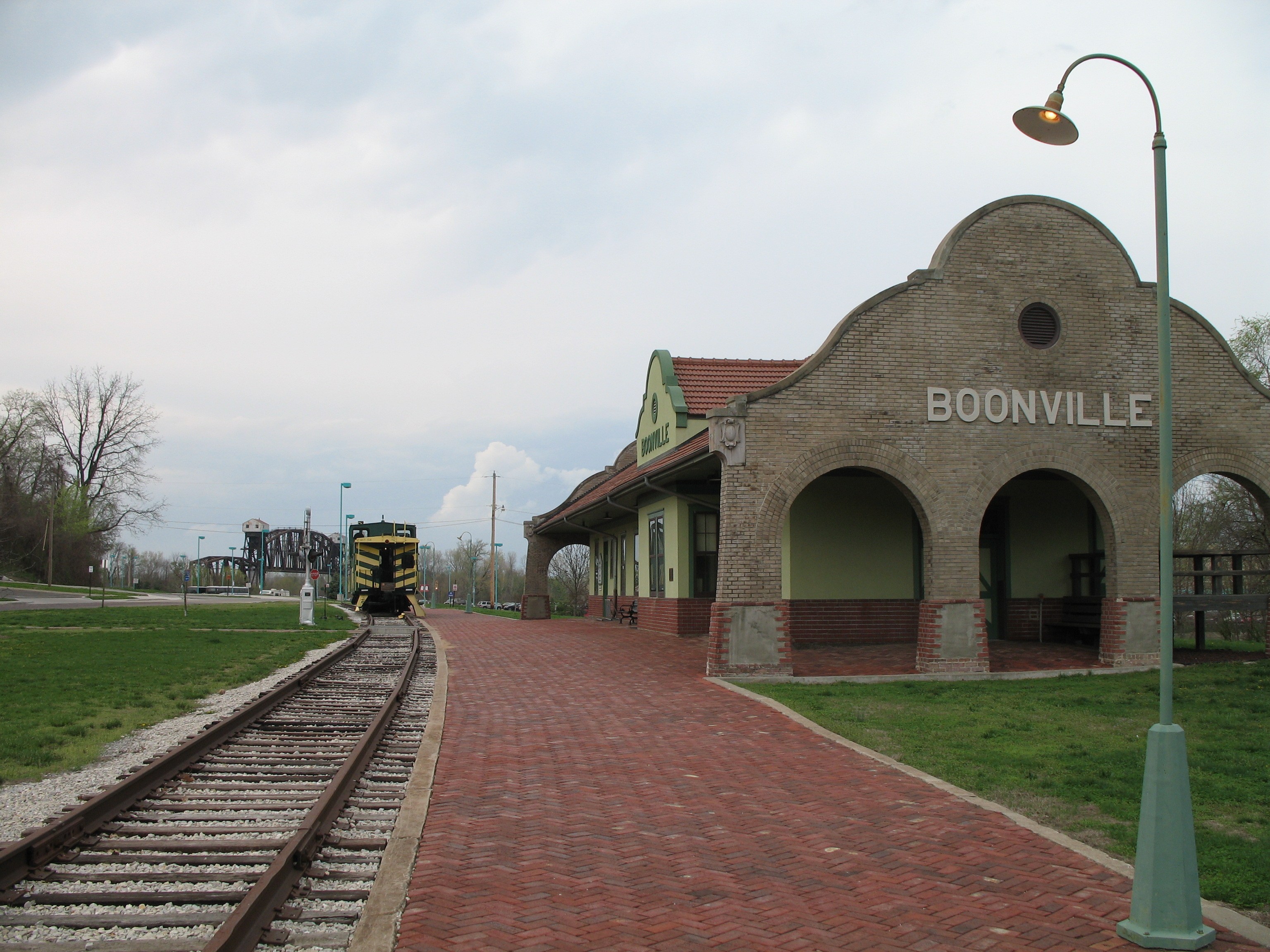 MKT Bridge with the Boonville train station on the KATY Trail in the foreground.  Photo by poster in March 2007.