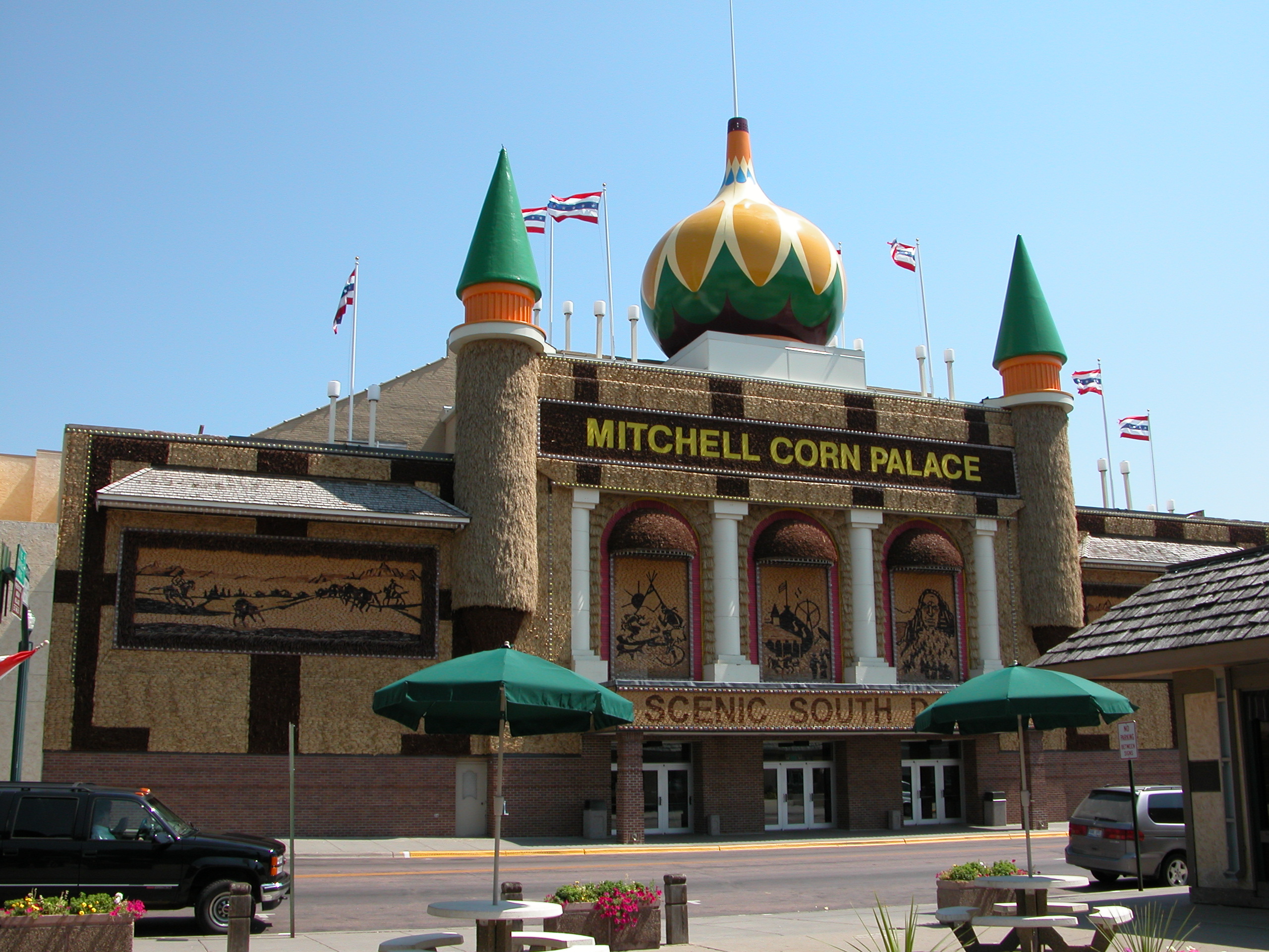 Corn Palace in Mitchell, South Dakota in 2003.  The design is different every year.