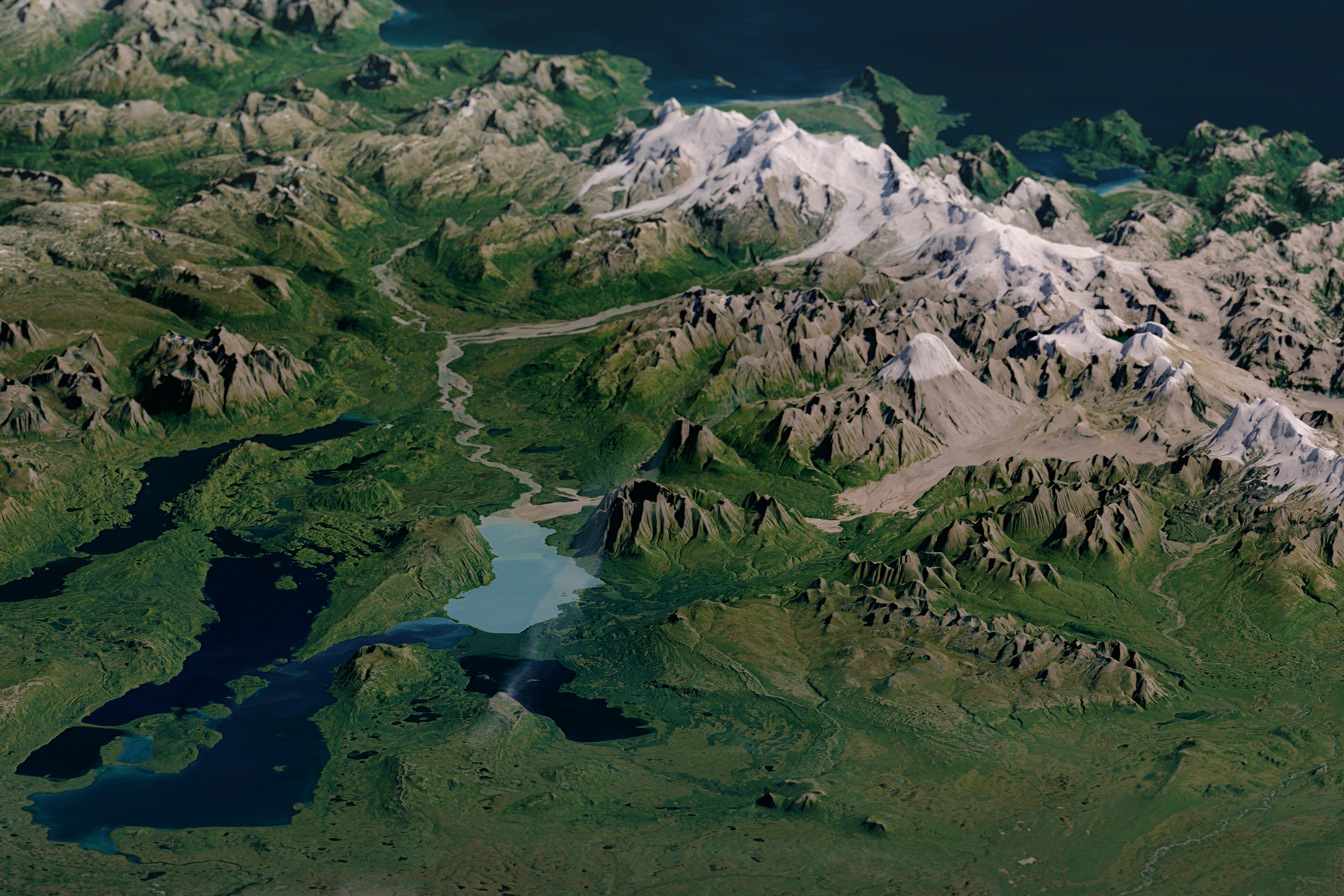 Natural-colour image of Katmai National Park with the Landsat data overlaid on a digital elevation model (created with data from the ASTER instrument on NASA’s Terra satellite). The model gives a three-dimensional sense of the landscape.