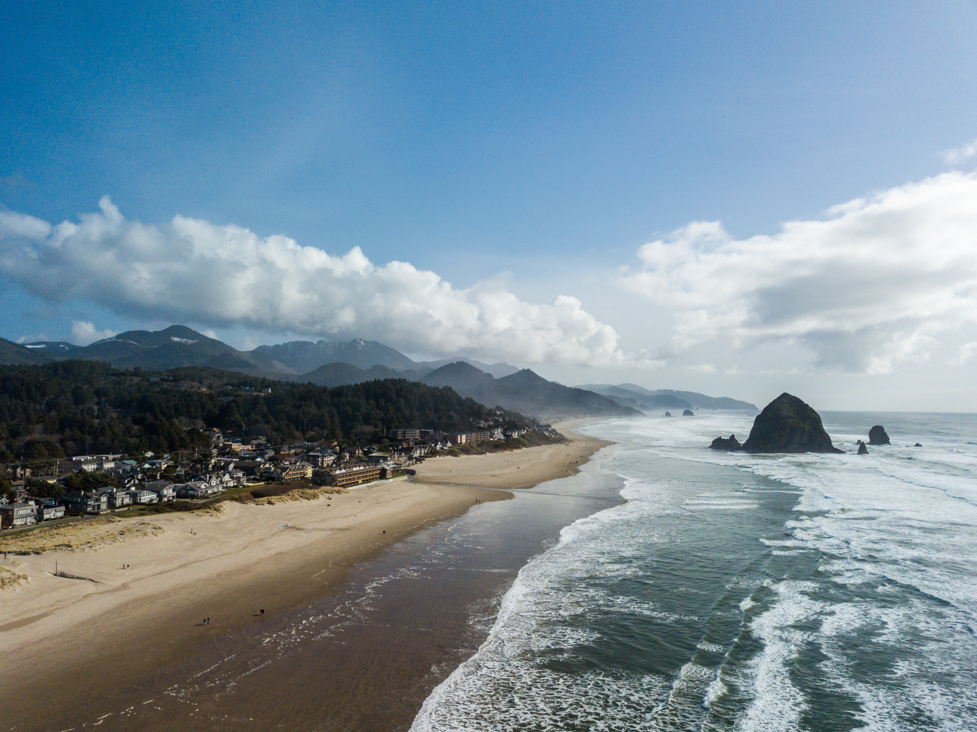 Aerial photograph of Haystack Rock in Cannon Beach, Oregon.