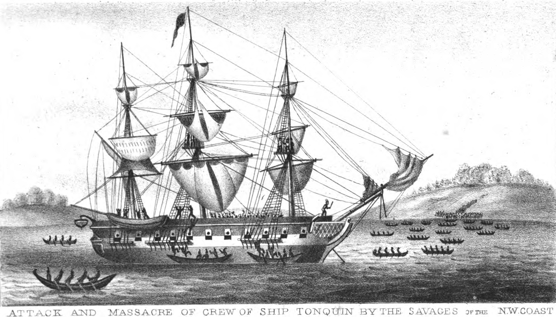 The Tonquin being attacked off the shore of Vancouver Island in 1811.