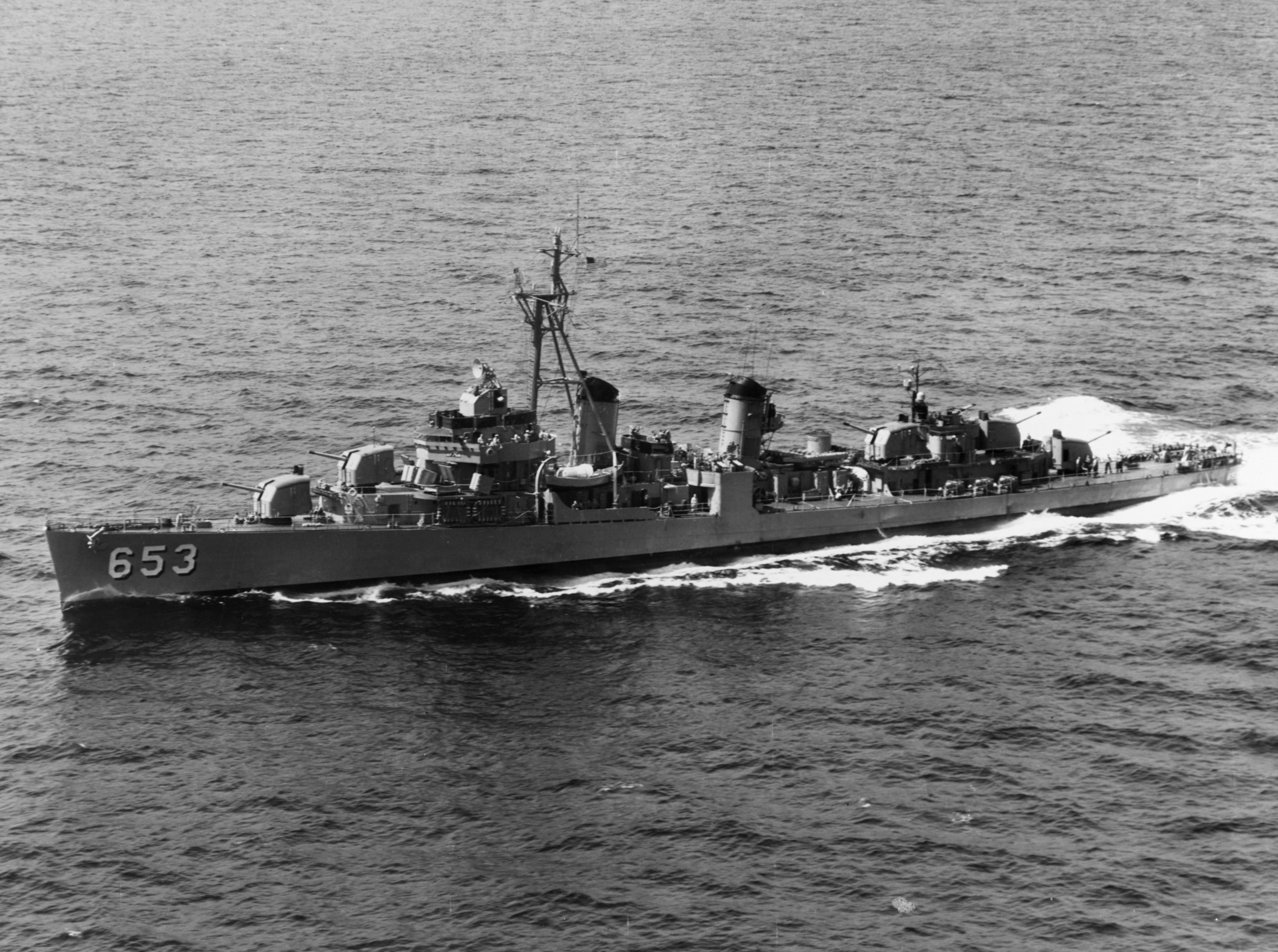 The U.S. Navy destroyer USS Knapp (DD-653) underway on 15 May 1955.